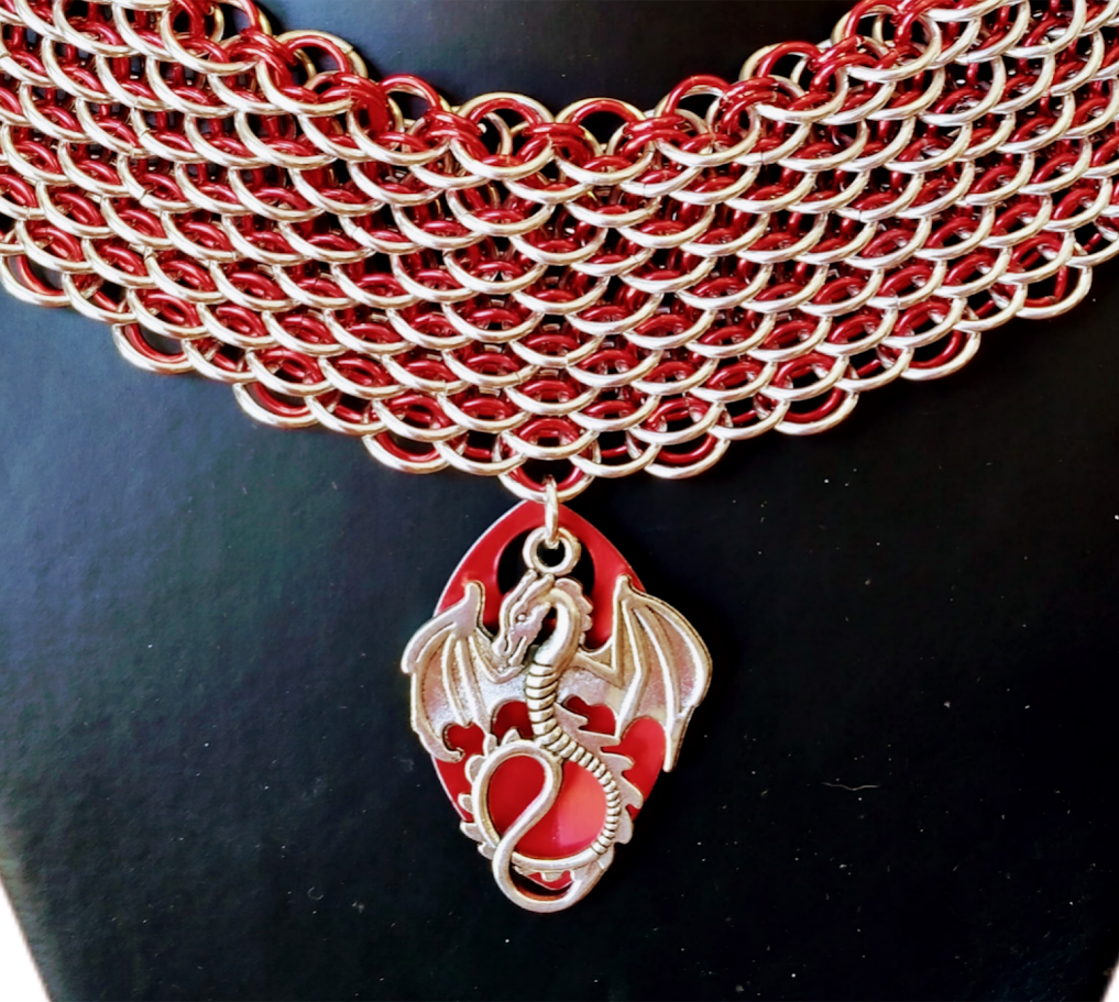Chain maille collar with dragon accent