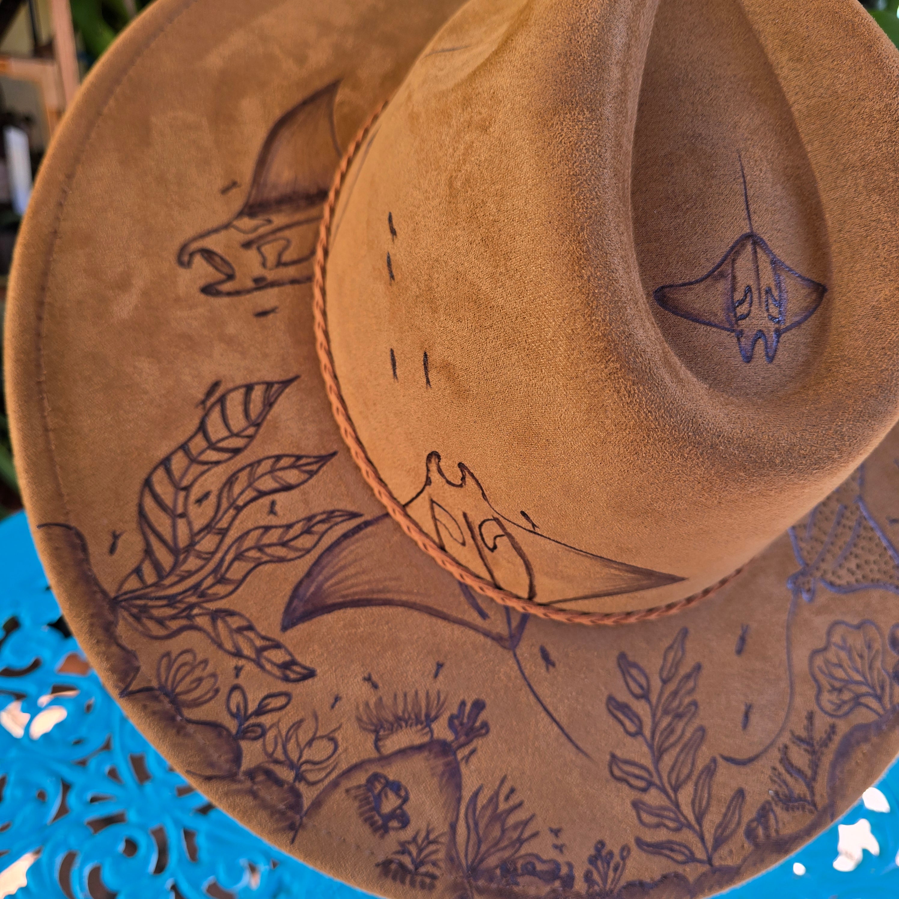 Hand burnt pyrographg: The Ocean's Wanderer Fedora
