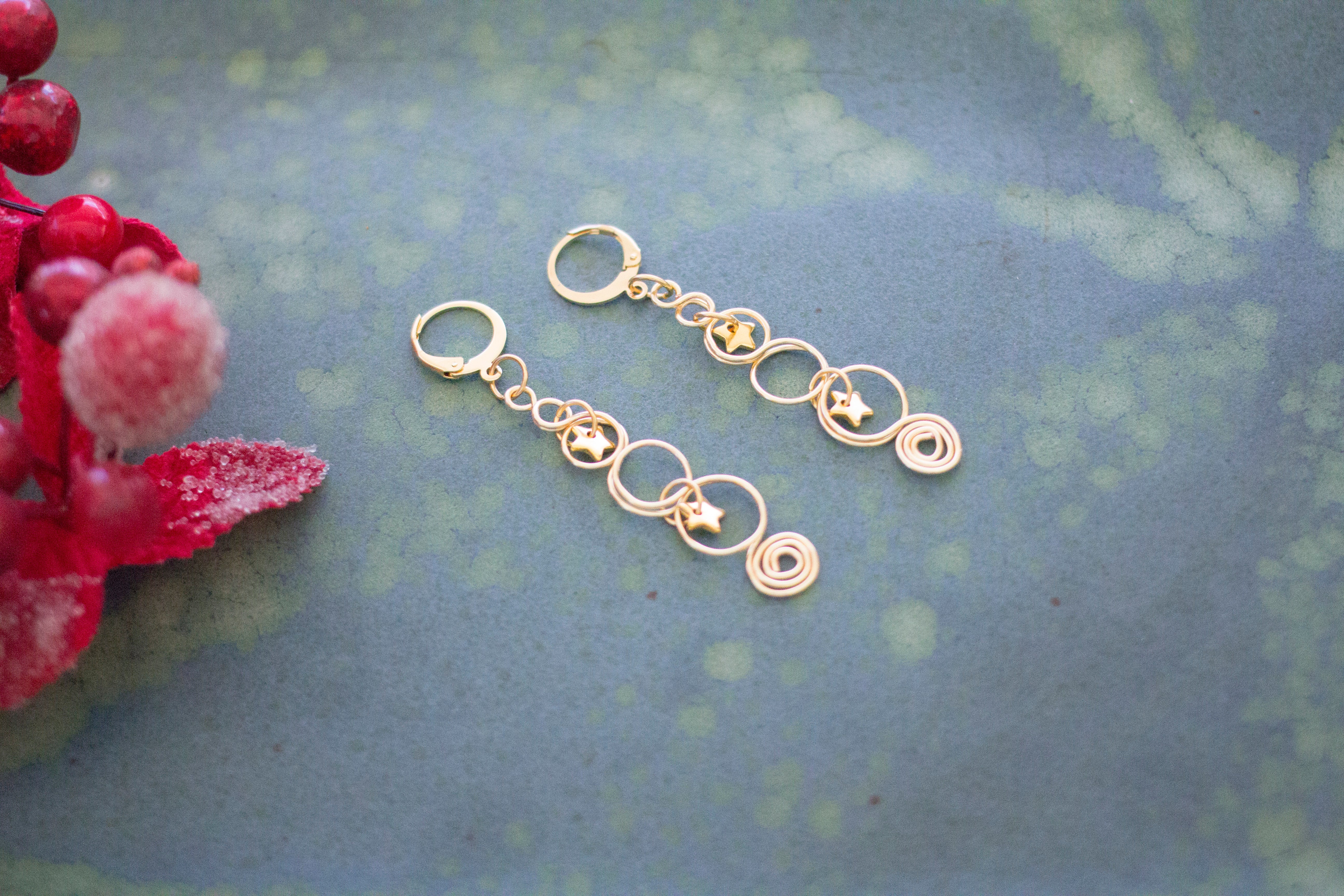 Gold Christmas Tree Earrings With Twinkling Stars | Christmas Jewellery