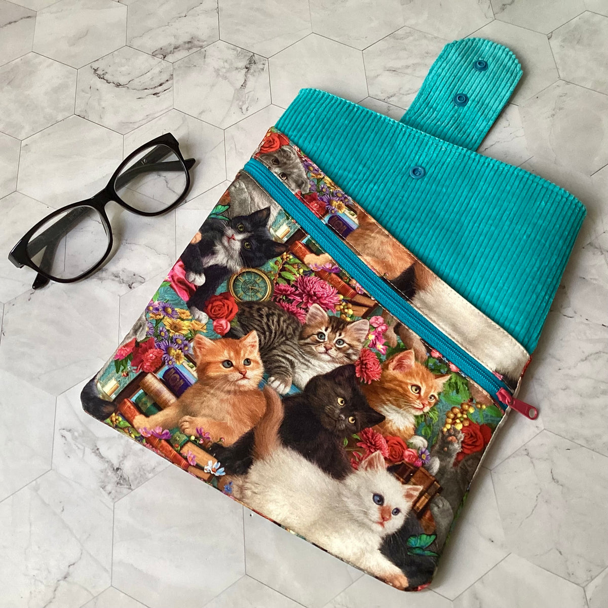 Kittens and Books fabric book sleeve with 2 pockets. iPad, tablet pouch