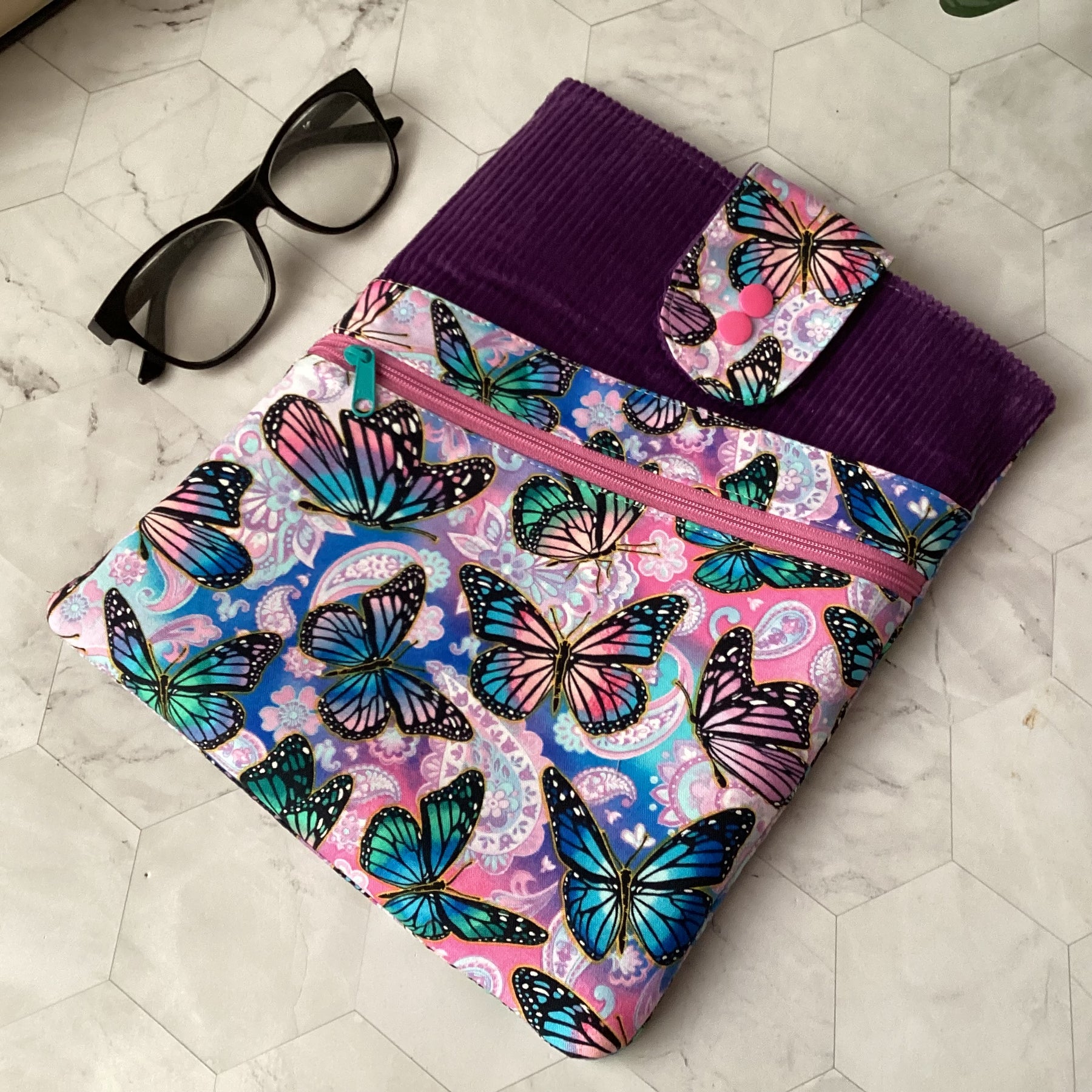 Butterflies fabric book sleeve with 2 pockets. iPad, tablet pouch