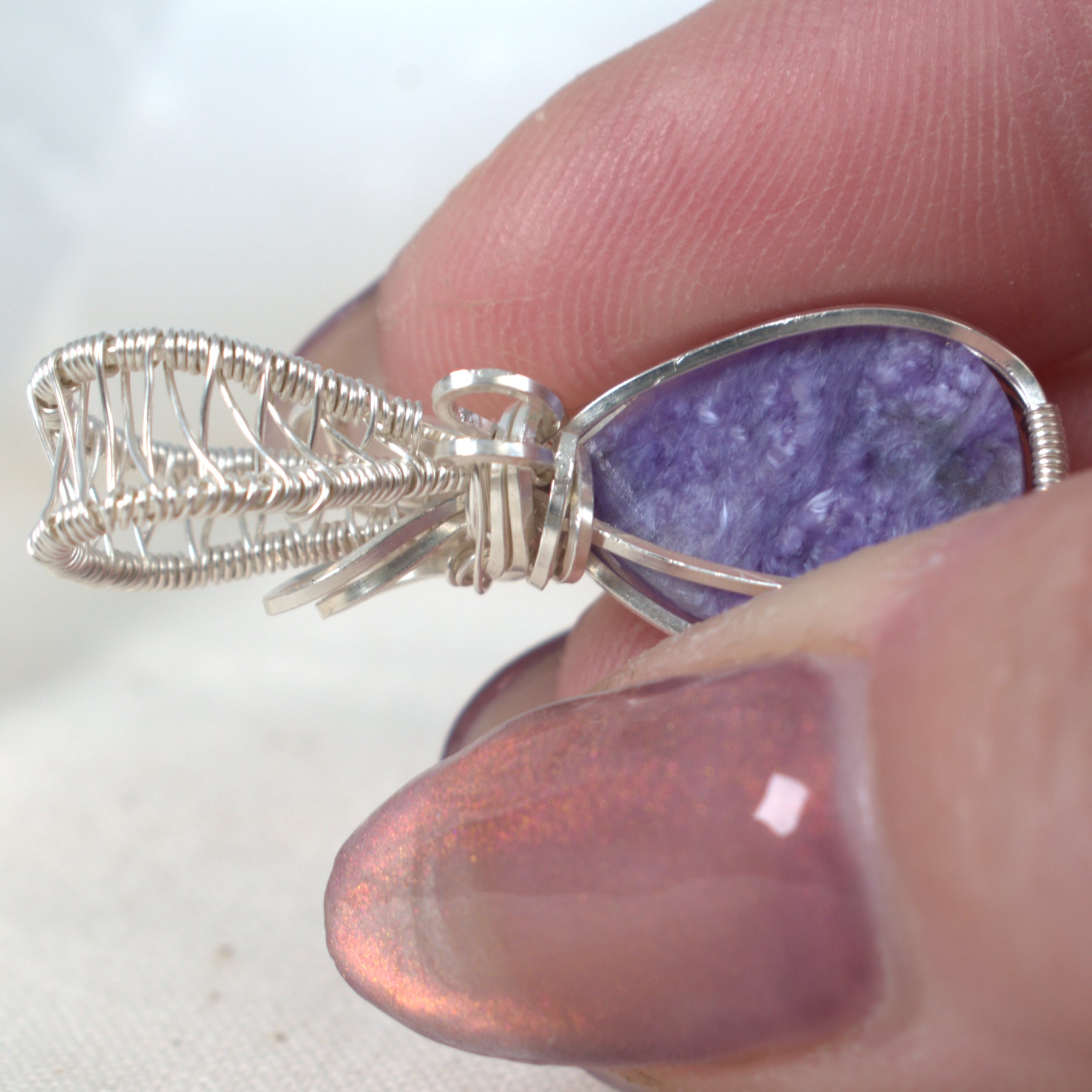 Wire Wrapped Charoite Keepsake Pendant