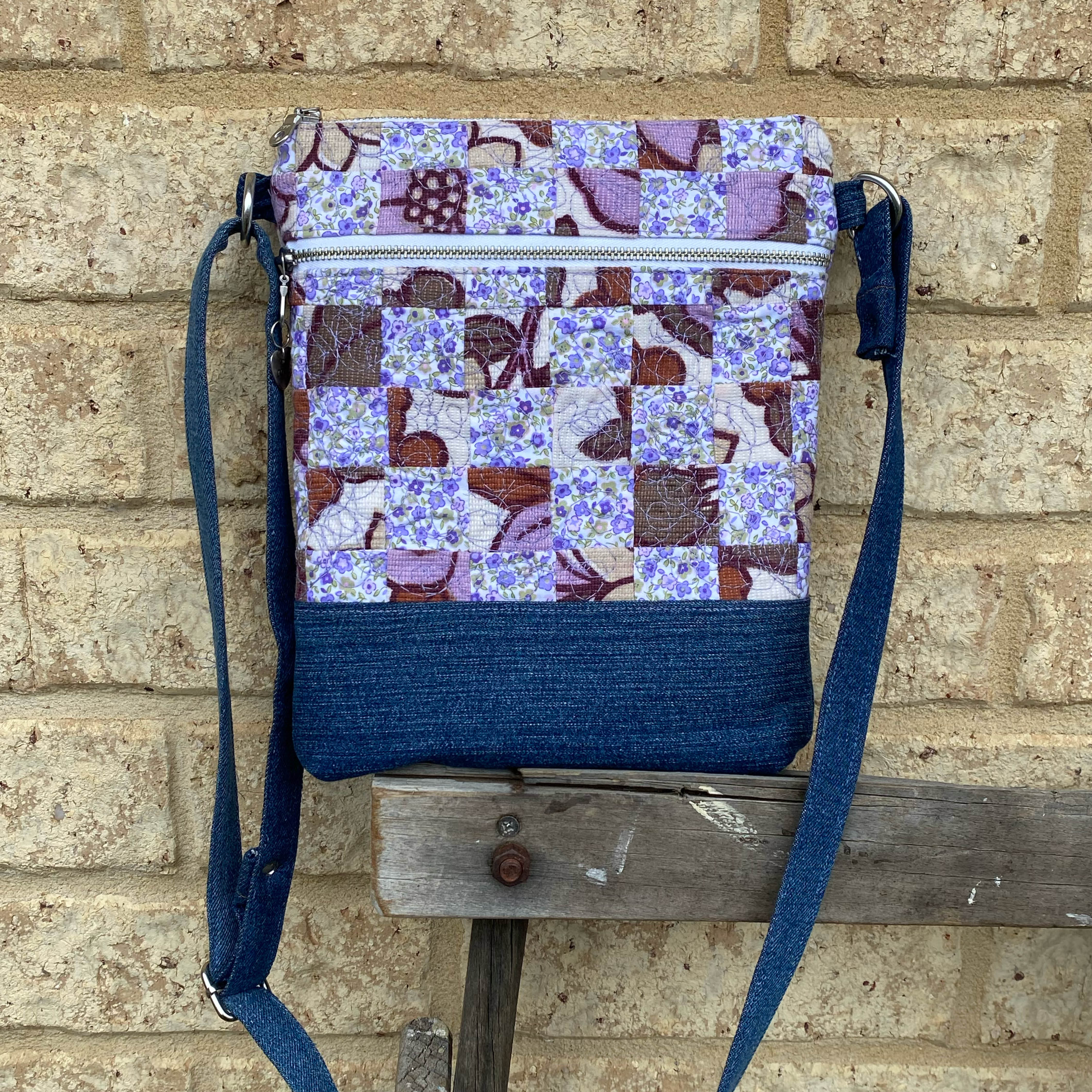 Lavender Bloom Handmade Crossbody Bag Upcycled Vintage Fabrics & Denim