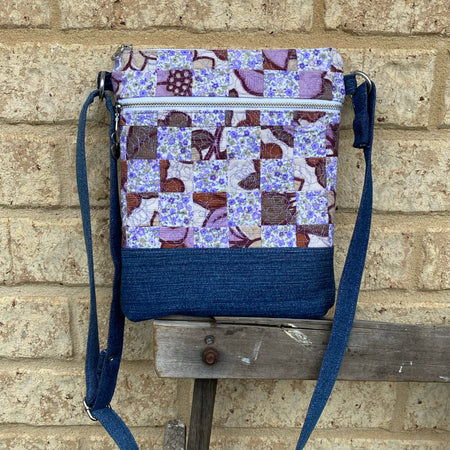 Lavender Bloom Handmade Crossbody Bag Upcycled Vintage Fabrics & Denim