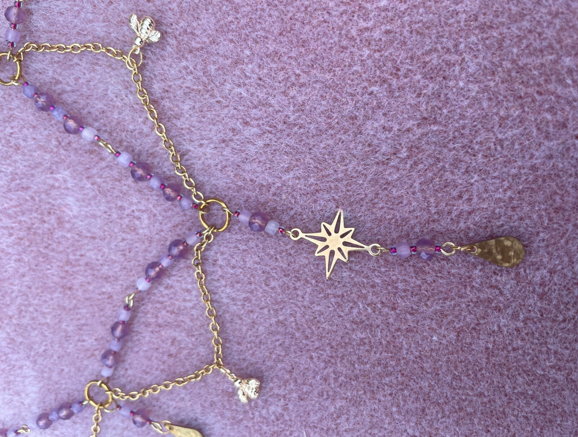 Pink and gold beaded bee charm necklace