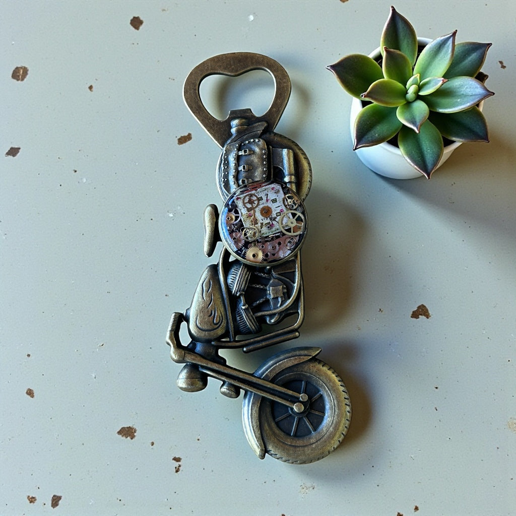 Steampunk watch parts motorcyle bottle opener