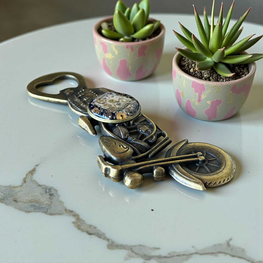Steampunk watch parts motorcyle bottle opener
