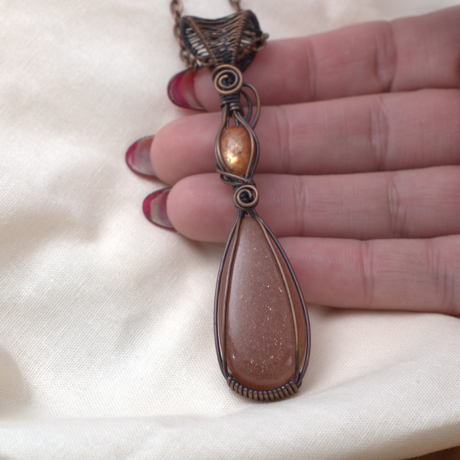 The Inner Glow - Peach Moonstone & Sunstone Copper Pendant