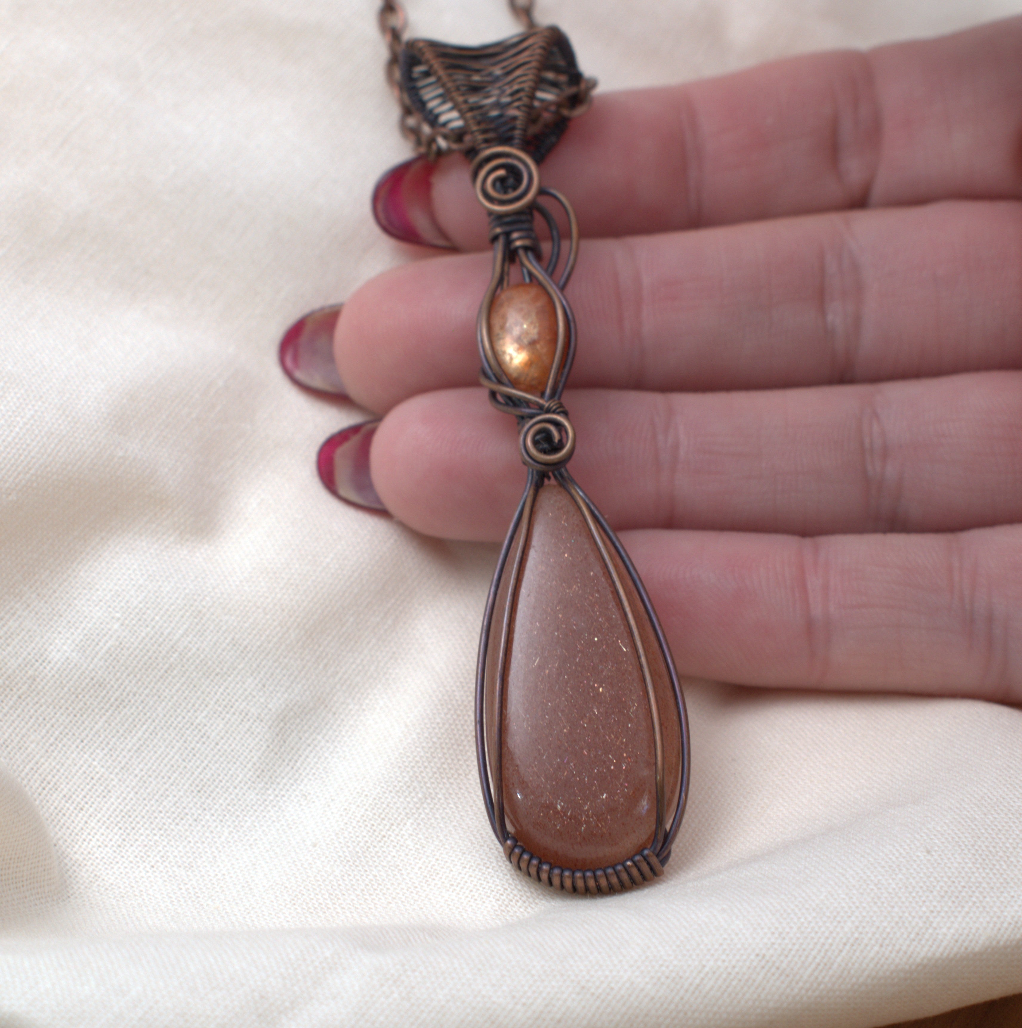 The Inner Glow - Peach Moonstone & Sunstone Copper Pendant
