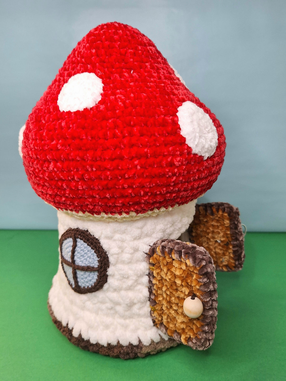 Crocheted Mushroom House Play Set with Two Fairies