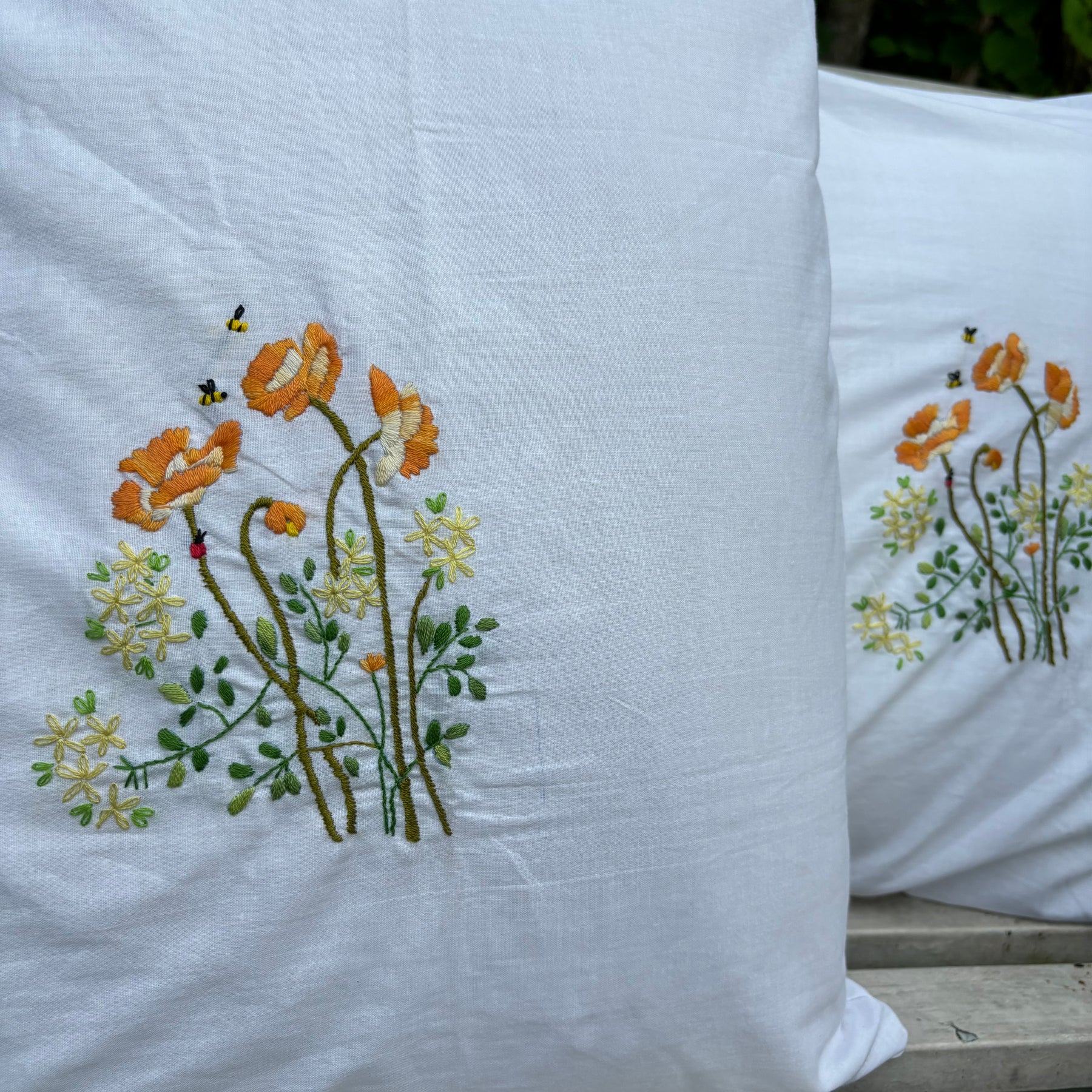 Set of 2 Hand Embroidered Floral Pillow Case/Cushion Cover