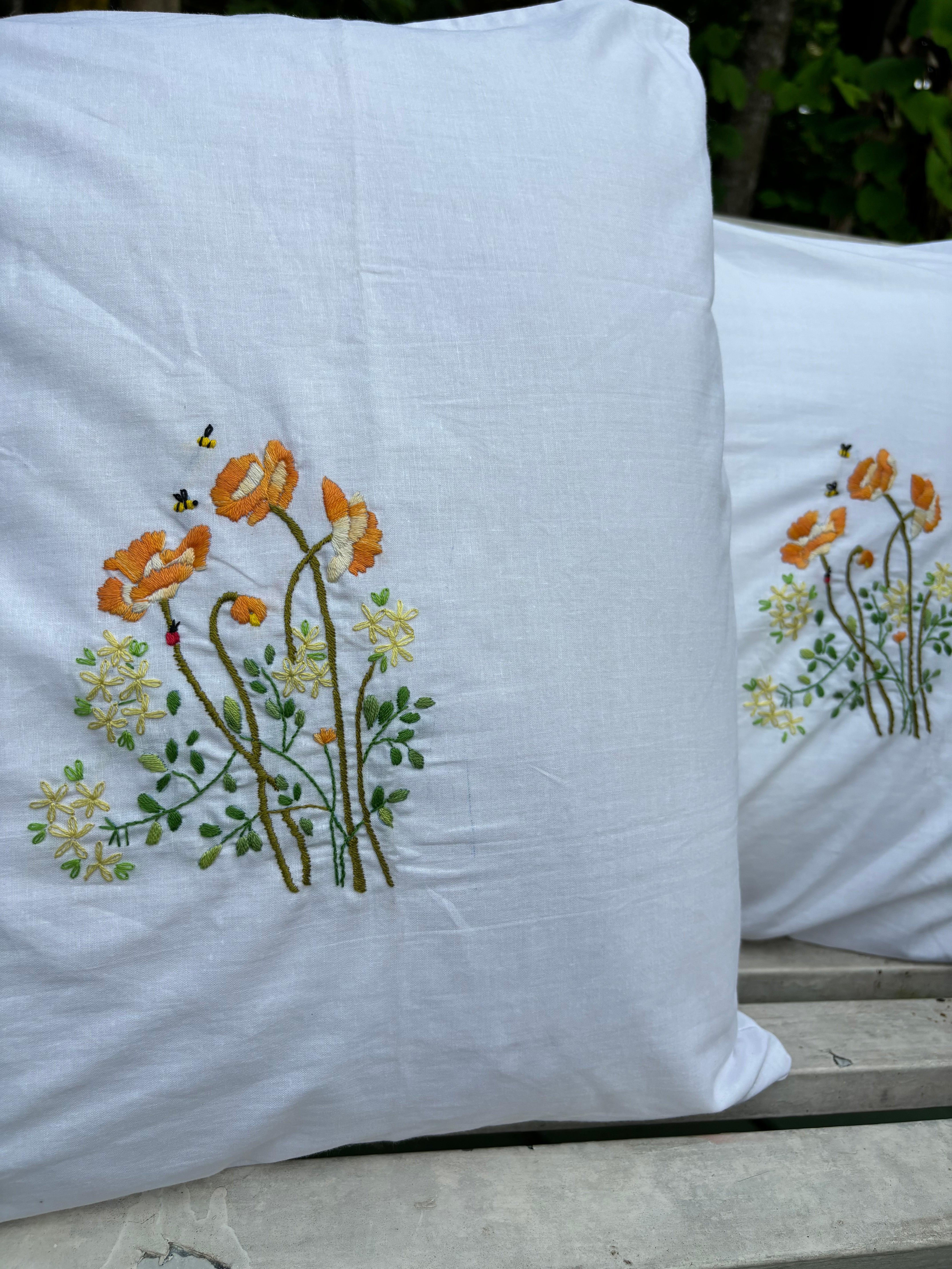 Set of 2 Hand Embroidered Floral Pillow Case/Cushion Cover