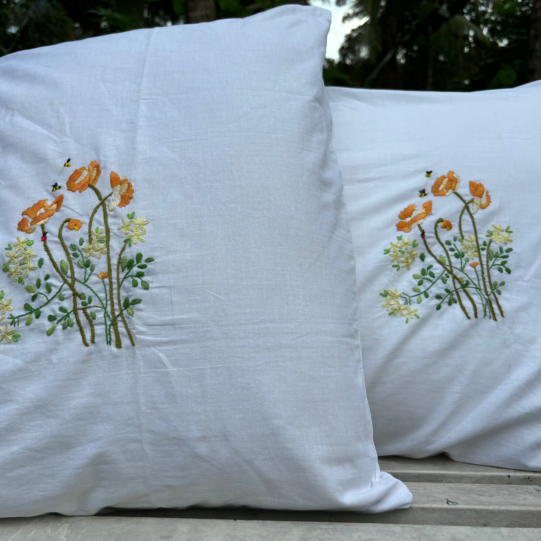 Set of 2 Hand Embroidered Floral Pillow Case/Cushion Cover