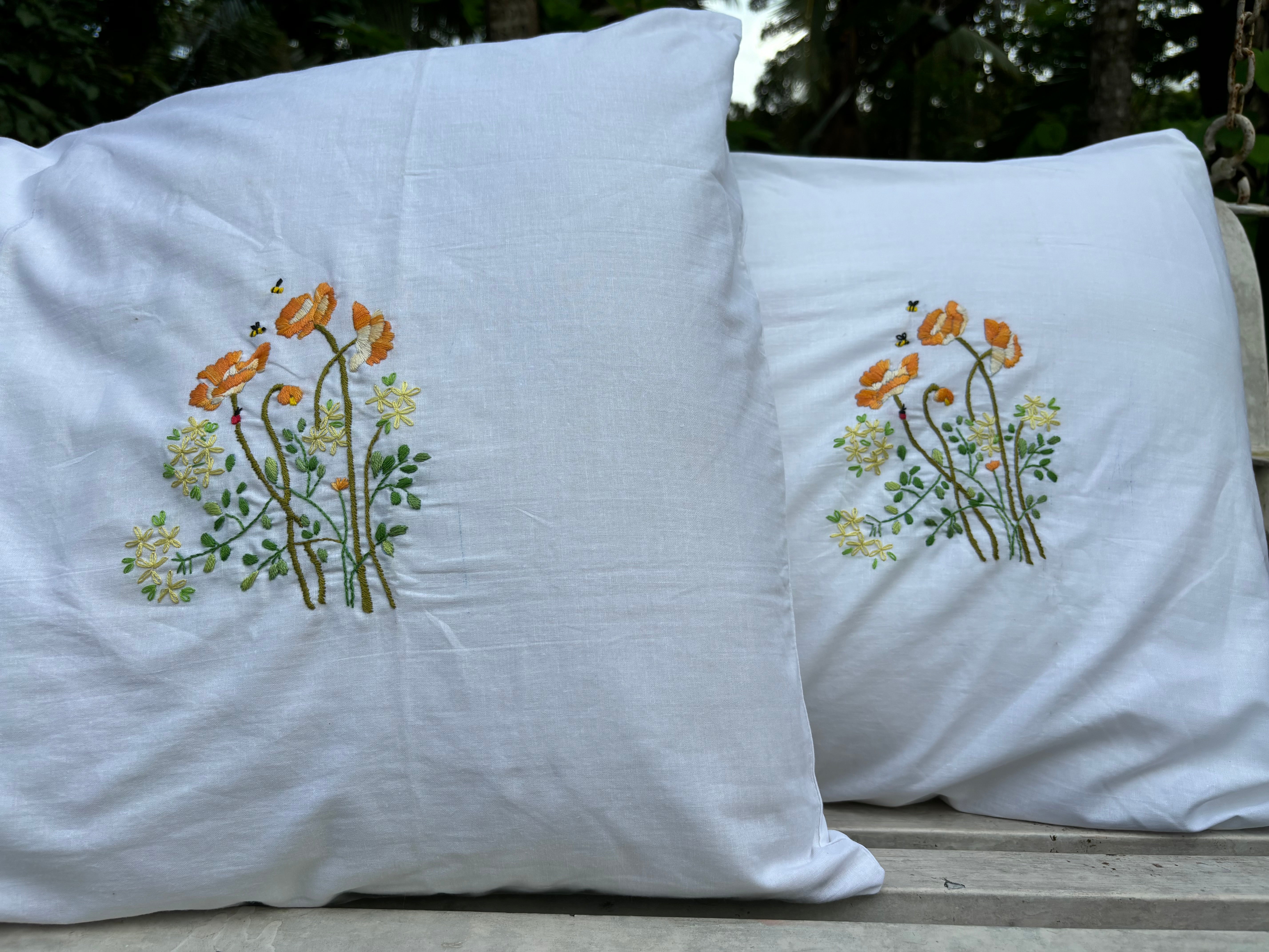 Set of 2 Hand Embroidered Floral Pillow Case/Cushion Cover