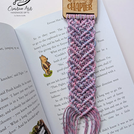 Macrame bookmark on wooden base