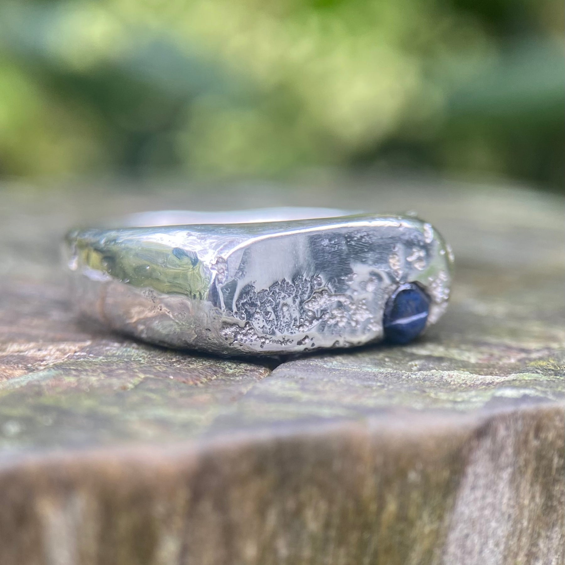 Raw Sapphire Rockpool Signet Ring, Size P, Sterling Silver