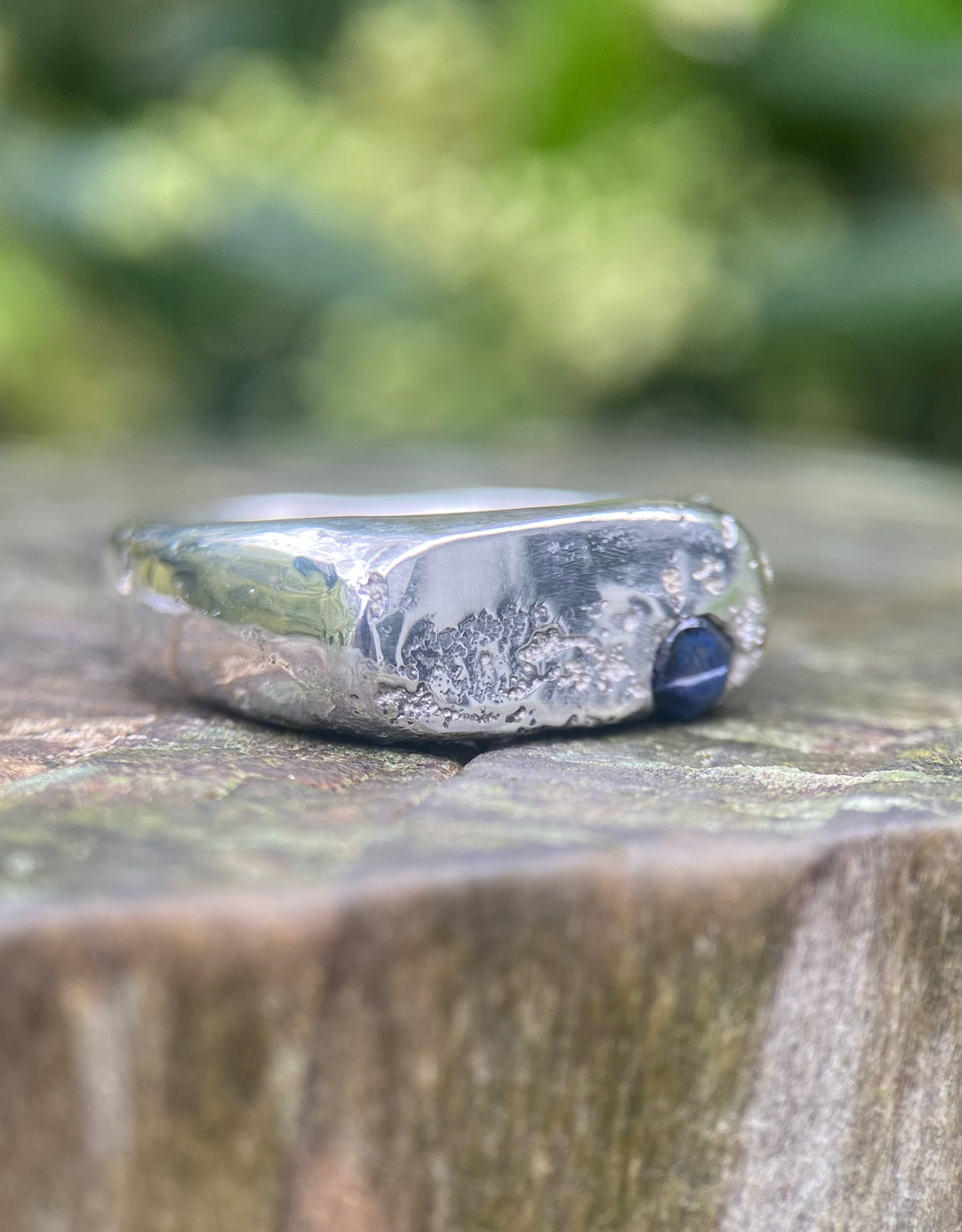 Raw Sapphire Rockpool Signet Ring, Size P, Sterling Silver