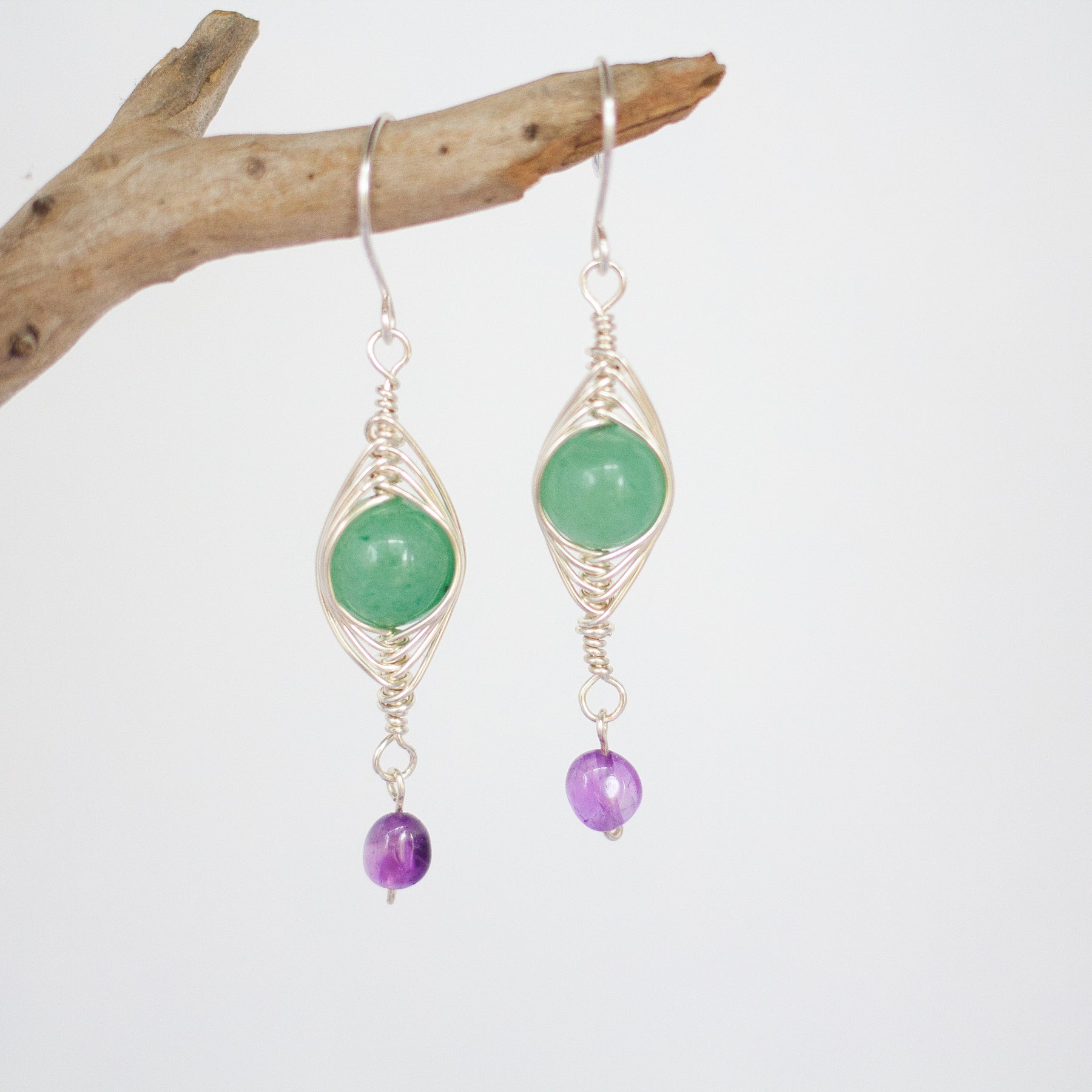 Green Aventurine and Amethyst Earrings | Gemstone Wire Wrap Jewellery