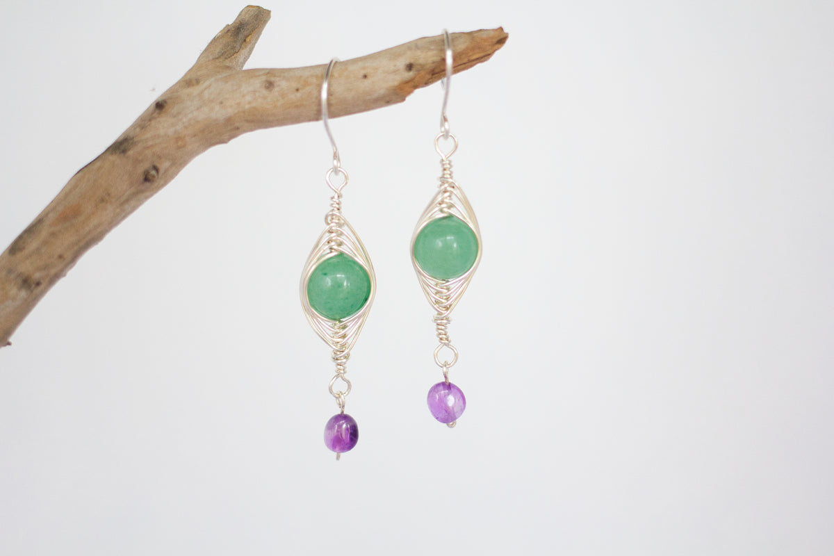 Green Aventurine and Amethyst Earrings | Gemstone Wire Wrap Jewellery