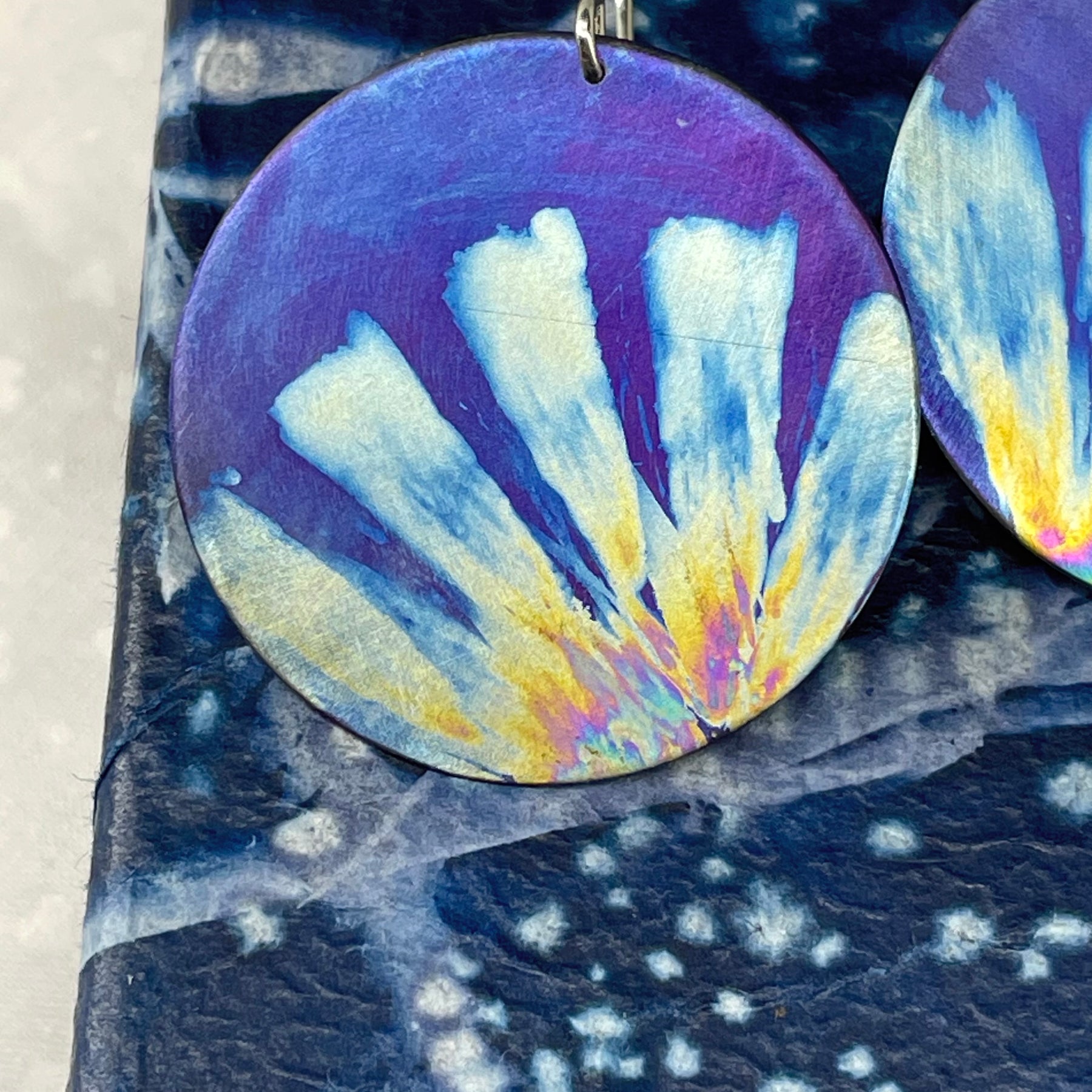 Titanium Disc Earrings Daisy Design - Purple and Ice Blue