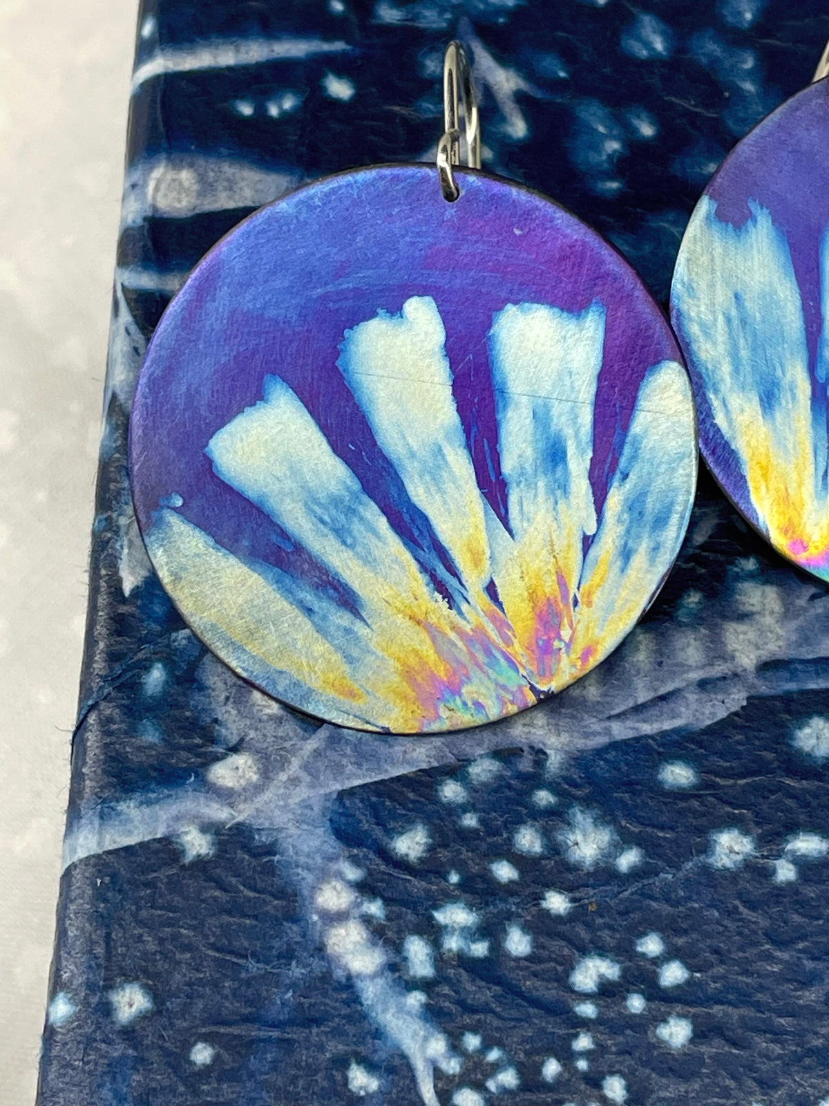 Titanium Disc Earrings Daisy Design - Purple and Ice Blue