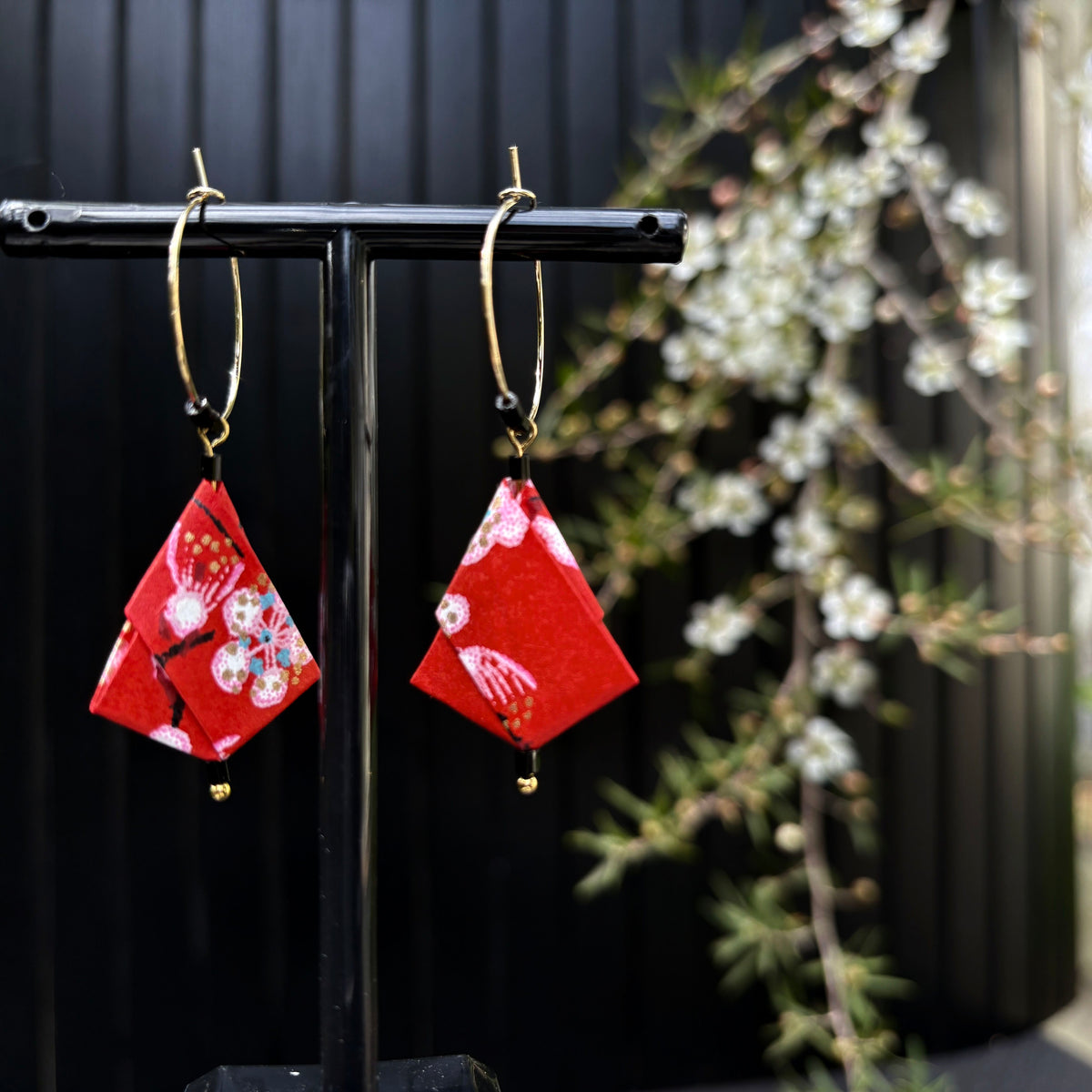 Origami Hoop Earrings – Crimson Plum.  Japanese Yuzen Chiyogami