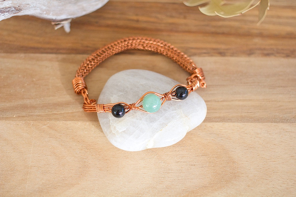 Copper Viking Wire Knitted Gemstone Bracelet  | Aventurine and Onyx Jewellery