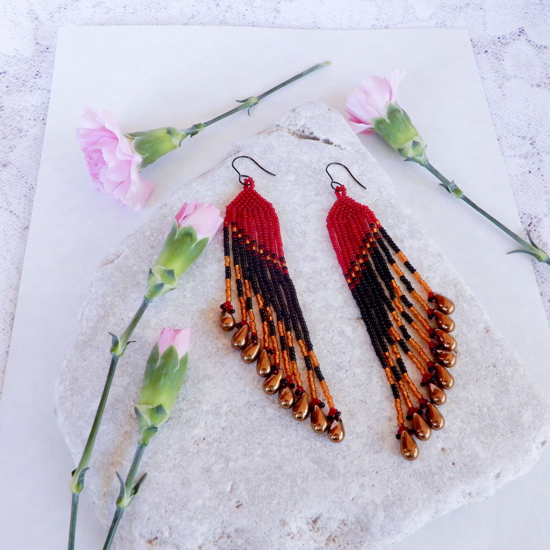 Dark Red Beaded Swing Fringe Earrings