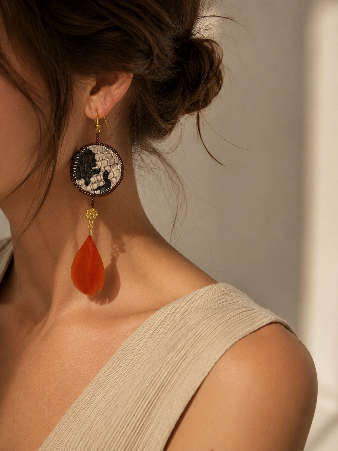 ANIMAL PRINT with feather exclusive | dangle earrings | beaded leather handmade