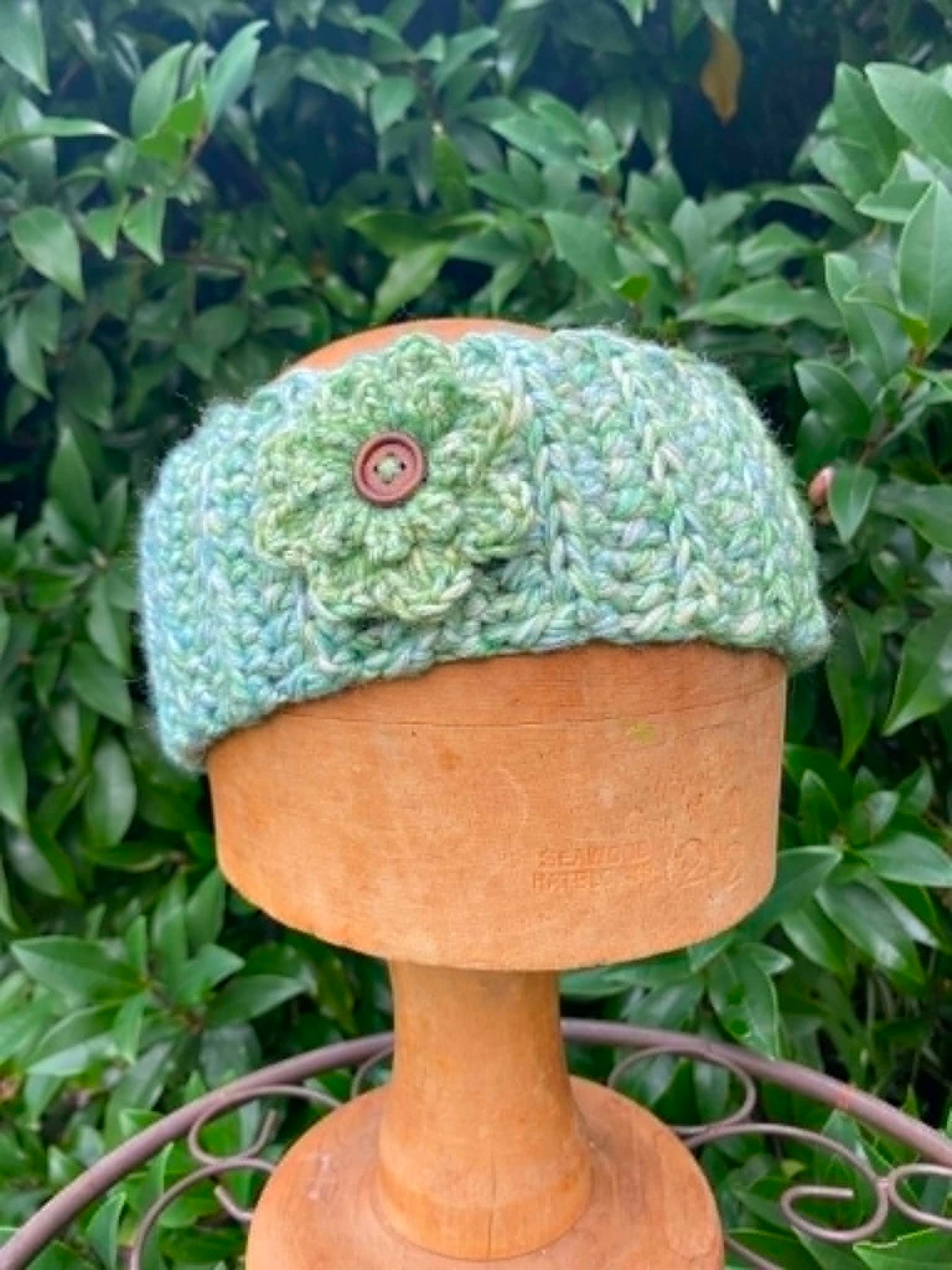 Crochet Headband with cute flower and button embellishment