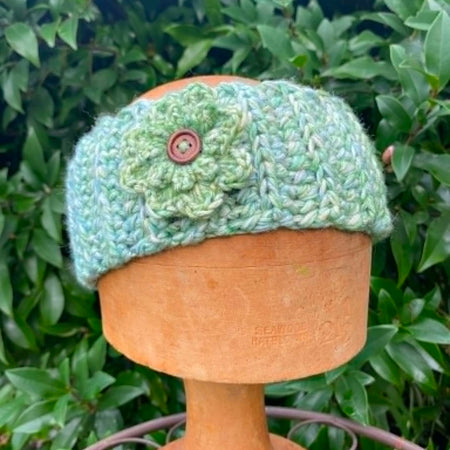 Crochet Headband with cute flower and button embellishment