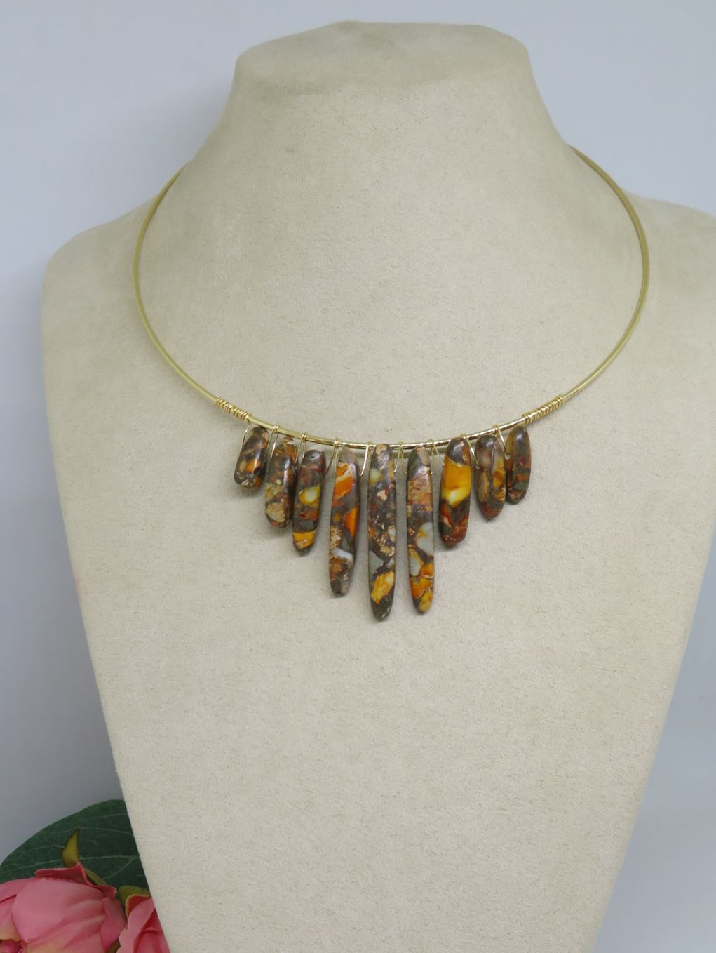 Bohemian Orange Earth Tones Wire Wrapped Gold Choker Necklace