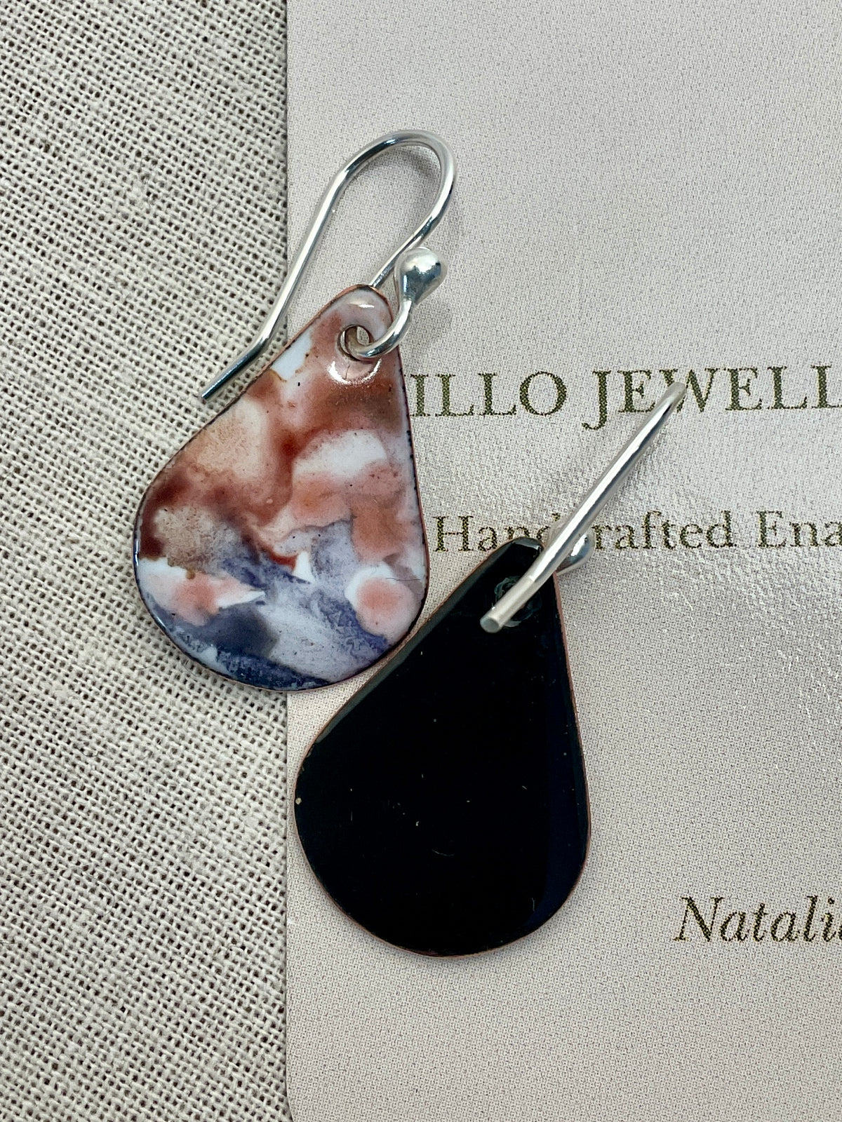 Teardrop enamel earrings. Marble effect. Hand painted.