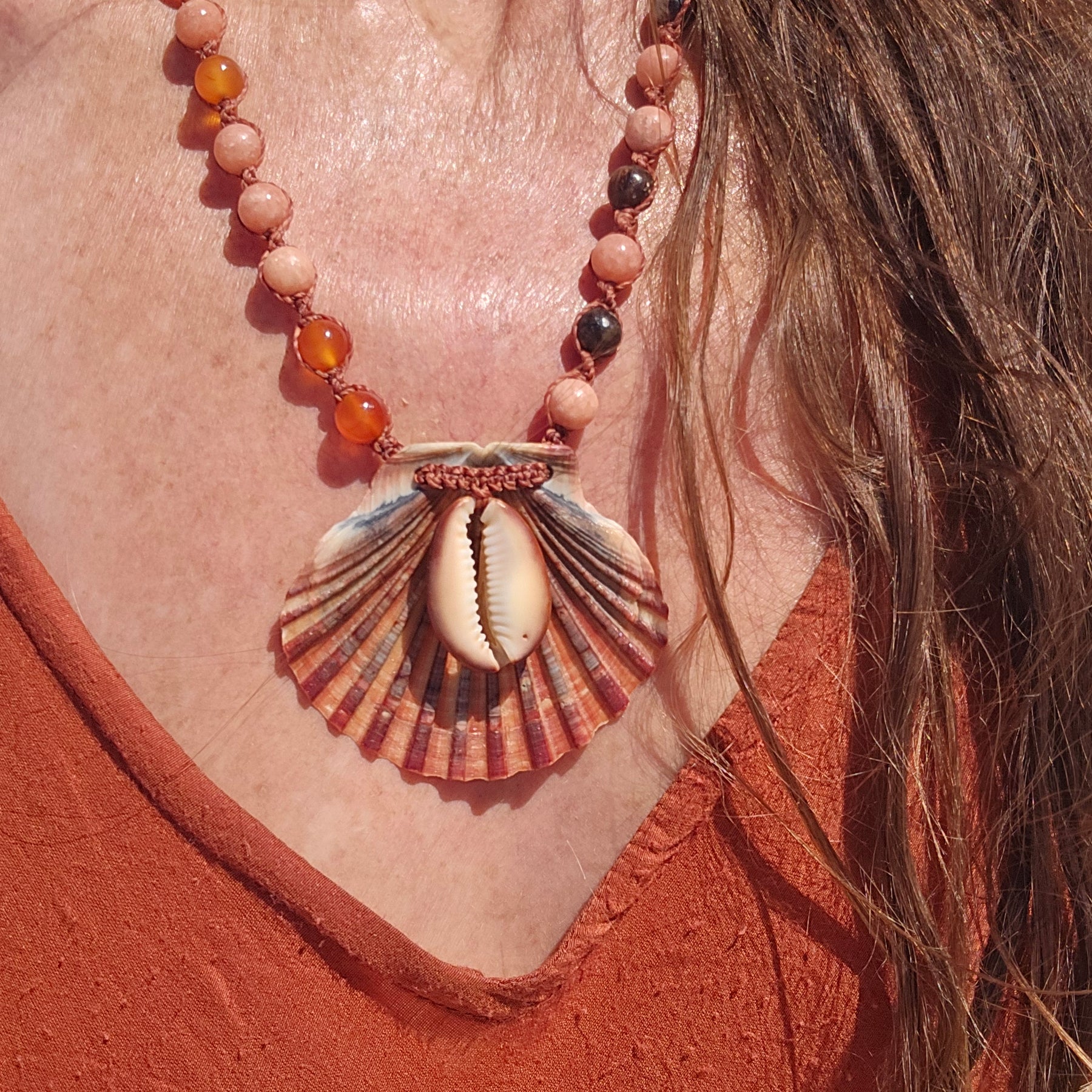 Mermaid Shell Necklace with Black Opal and Gemstones