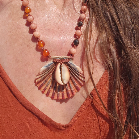 Mermaid Shell Necklace with Black Opal and Gemstones