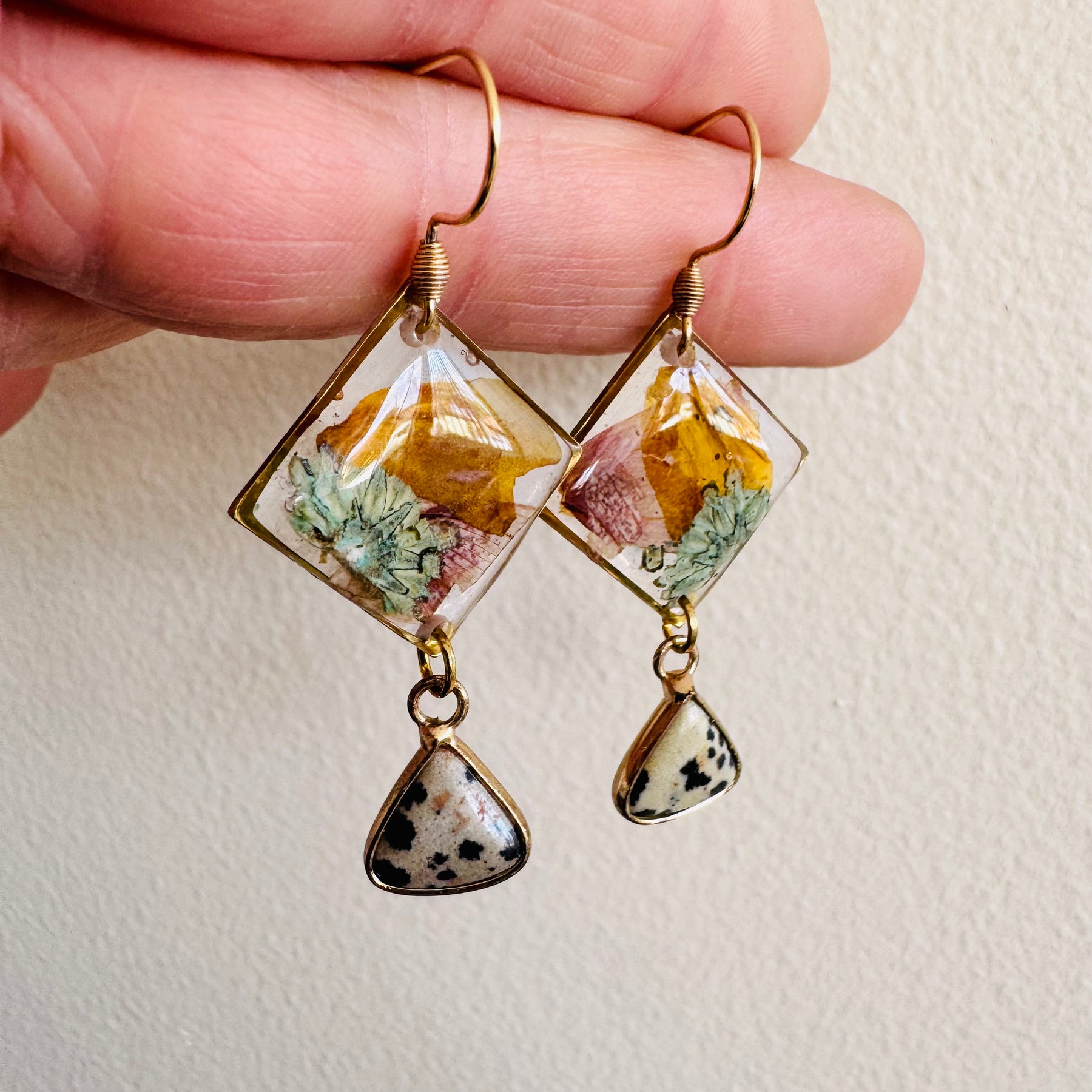 Botanical rhombus earrings with Dalmatian jasper