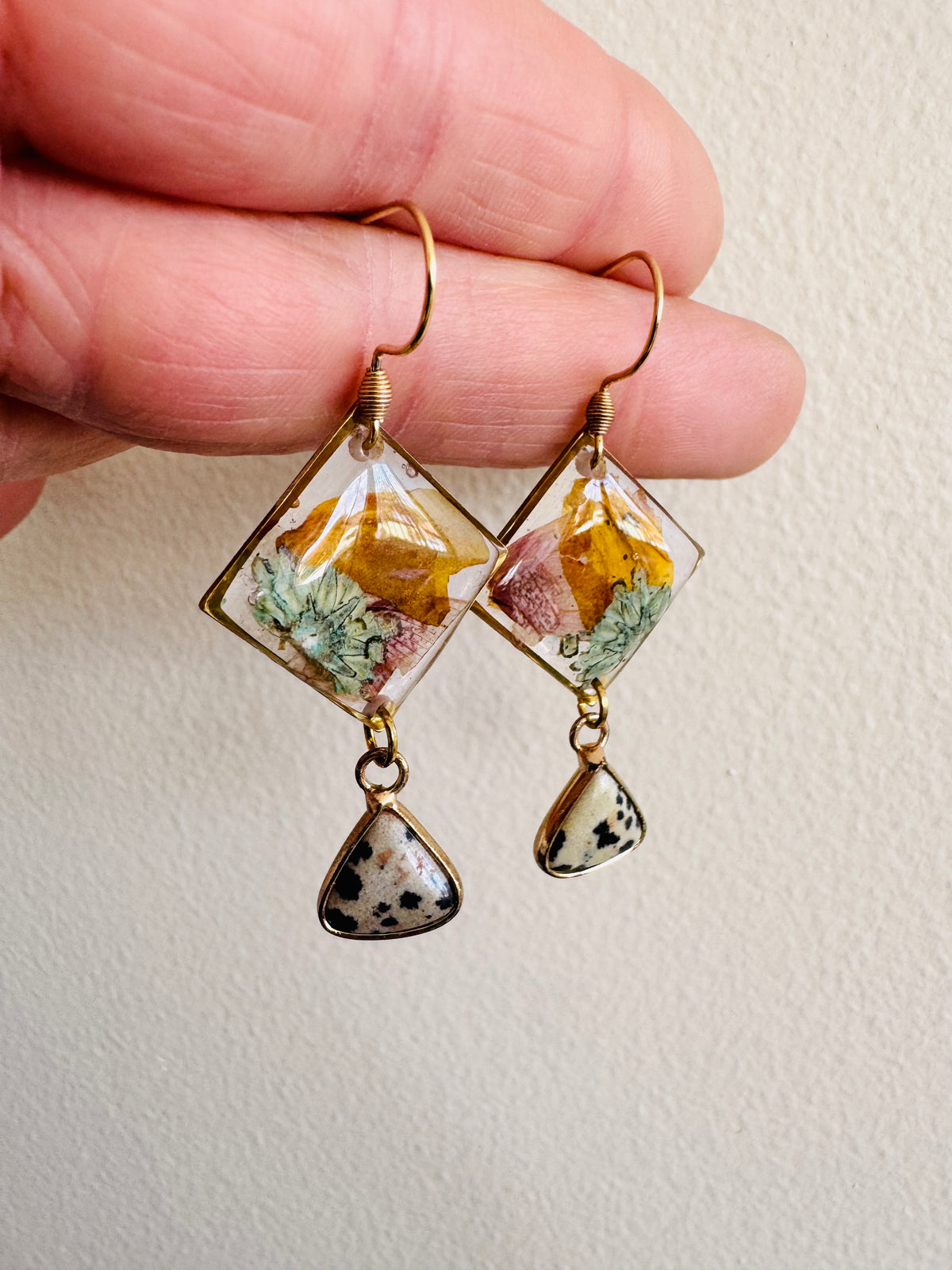 Botanical rhombus earrings with Dalmatian jasper