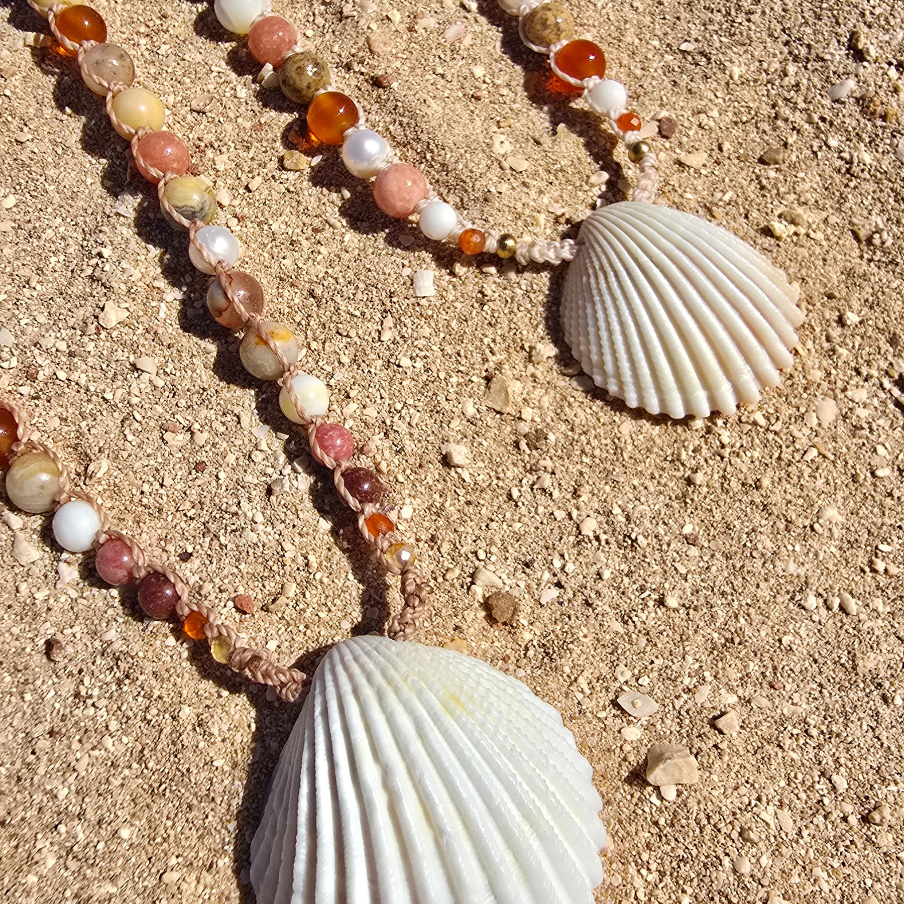 Cockle Shell Necklace Adjustable with Pearls and Gemstones