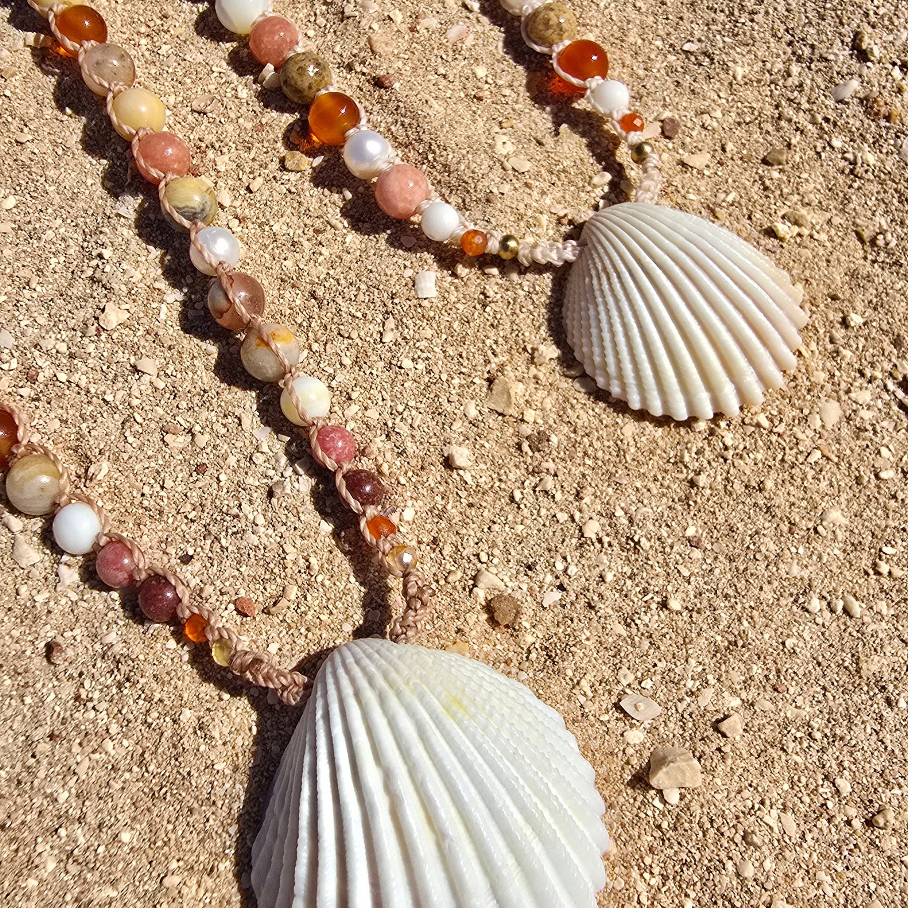 Cockle Shell Necklace Adjustable with Pearls and Rare Ocean Agate