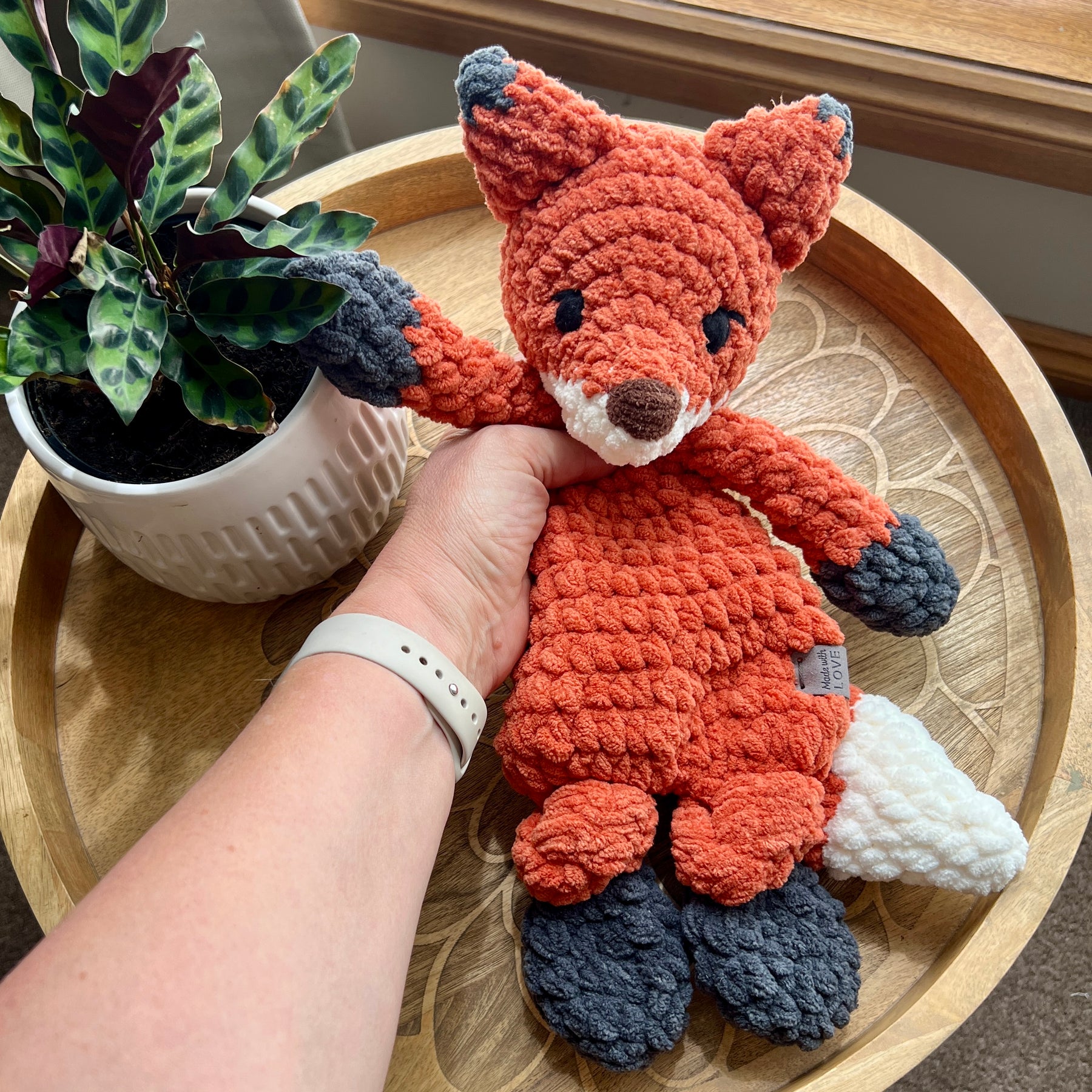 Handmade modern crochet toy Fox lovey snuggler plushie.