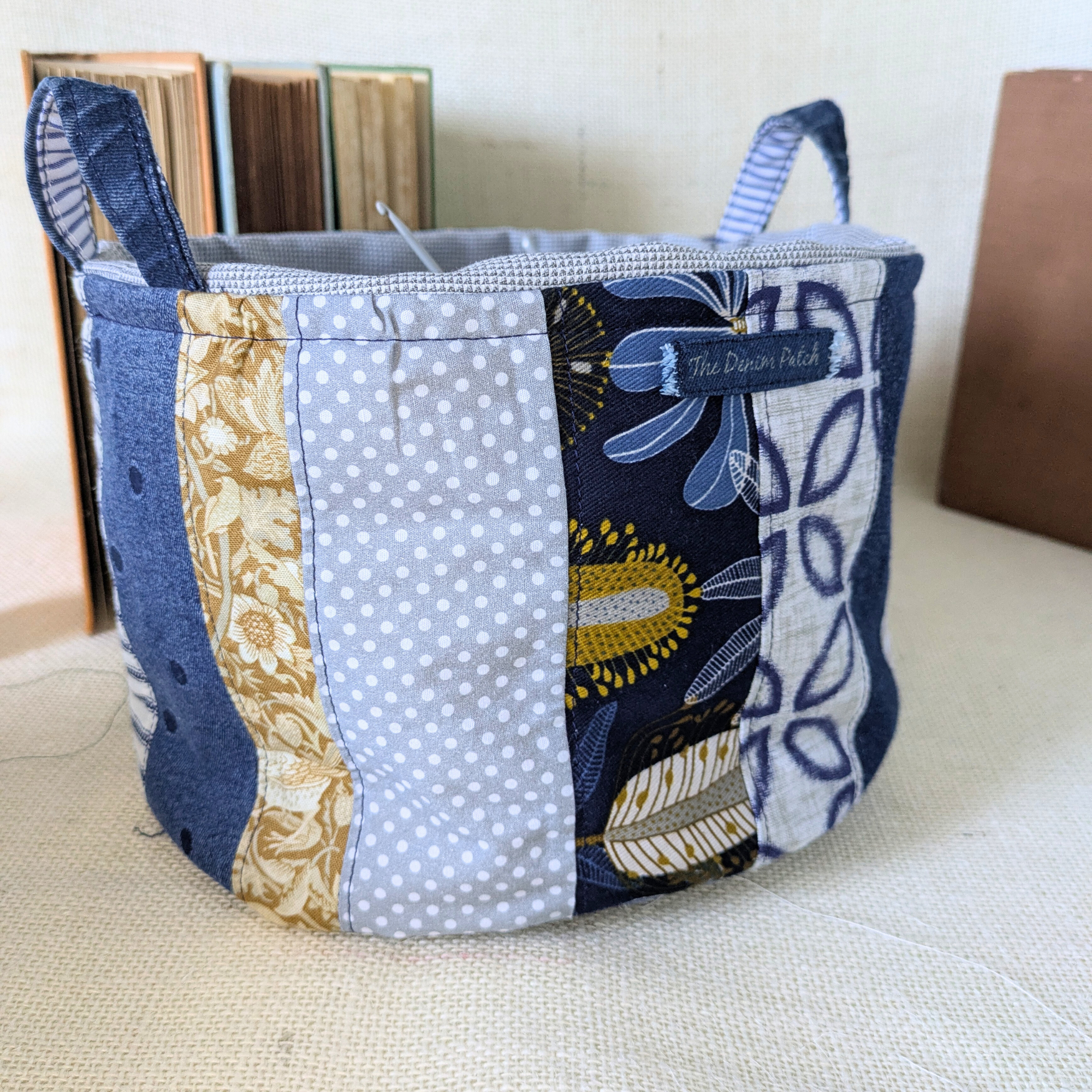 Project Bag Upcycled Denim, Craft Storage, Large, Yellow & Navy