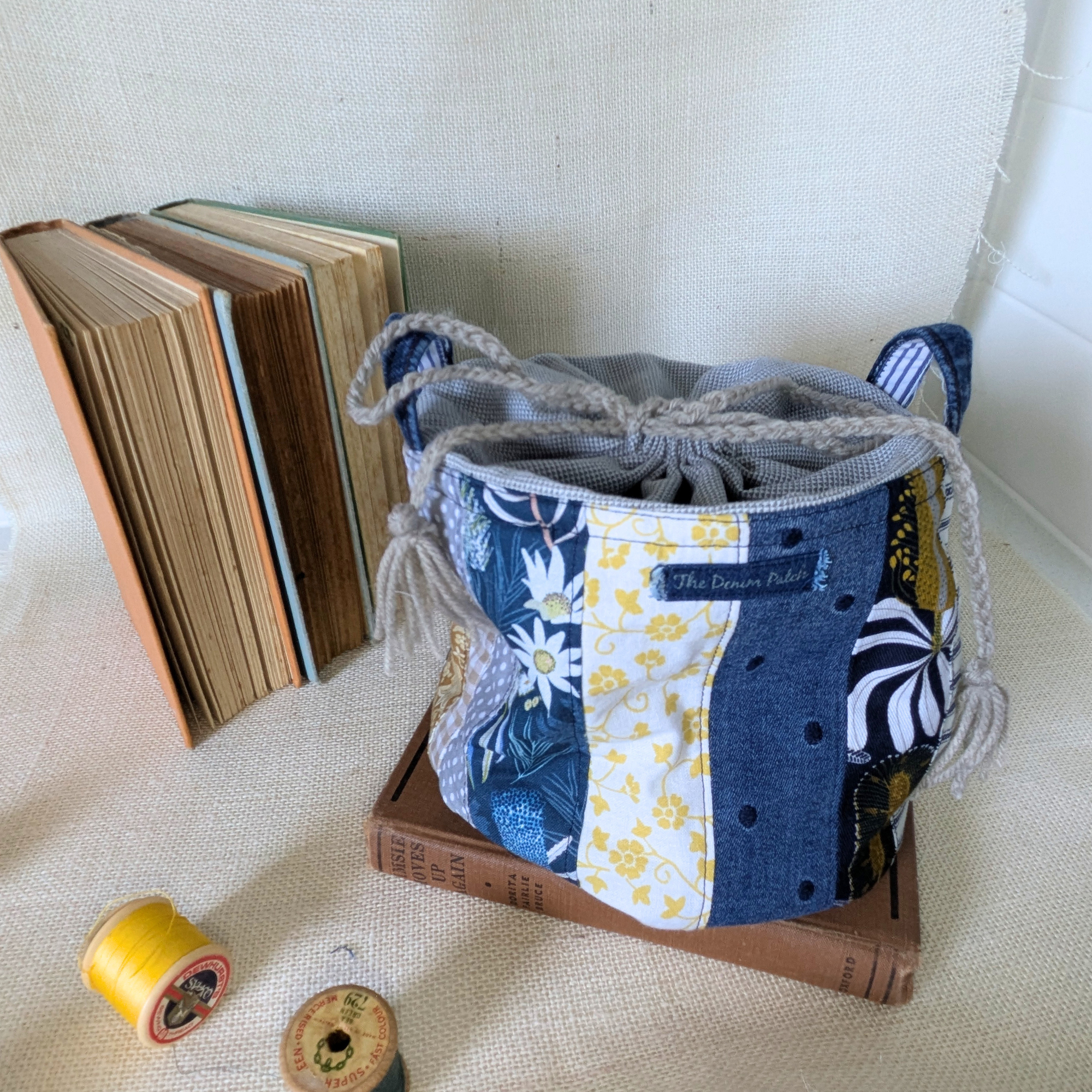 Project Bag Upcycled Denim, Craft Storage, Navy & Yellow Small