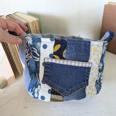Project Bag Upcycled Denim, Craft Storage, Large, Yellow & Navy