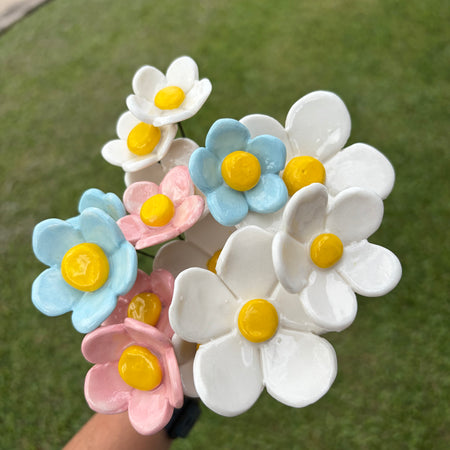 Ceramic flowers - pink, white and blue by the stem!