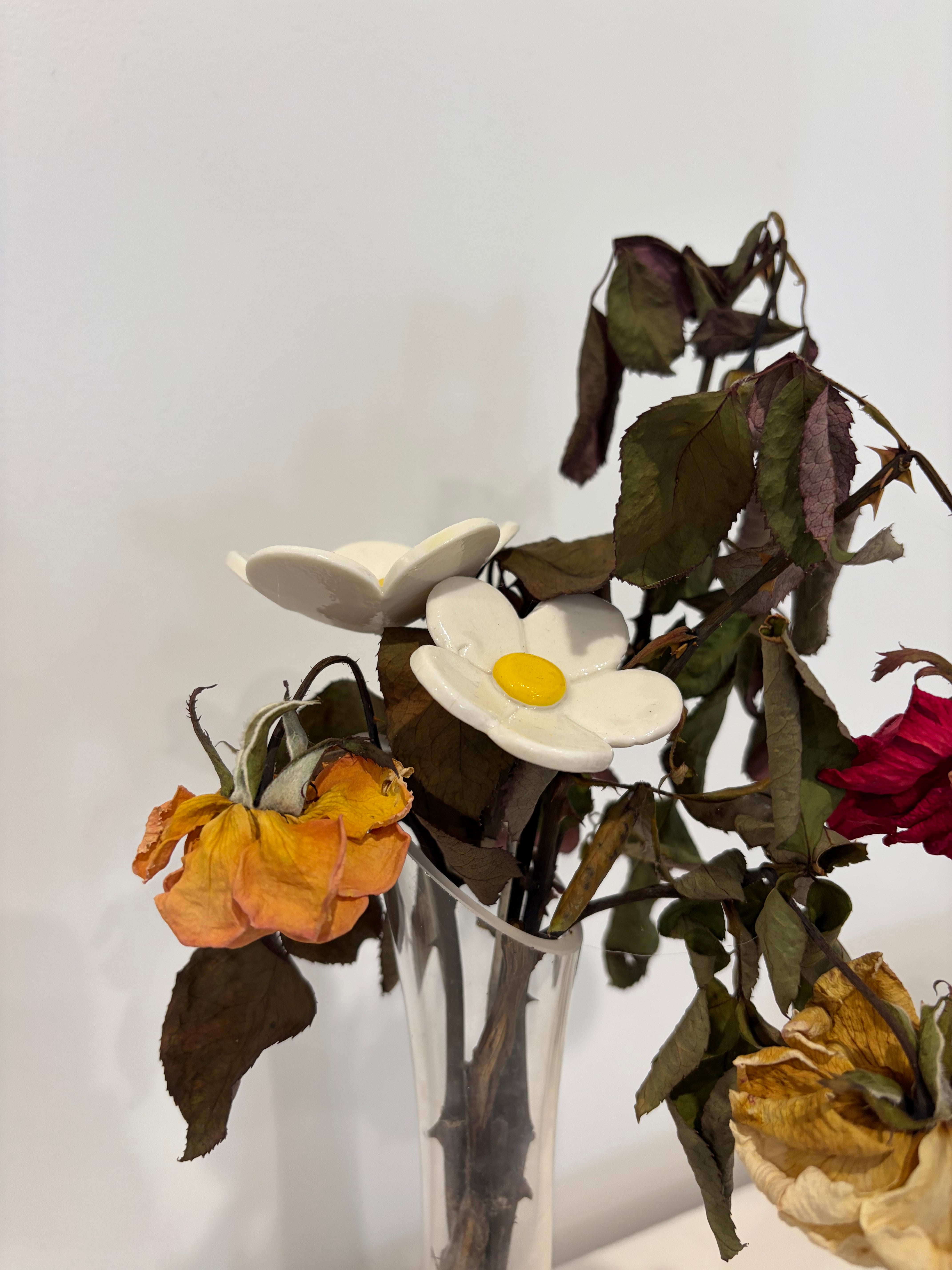 Ceramic flowers - pink, white and blue by the stem!