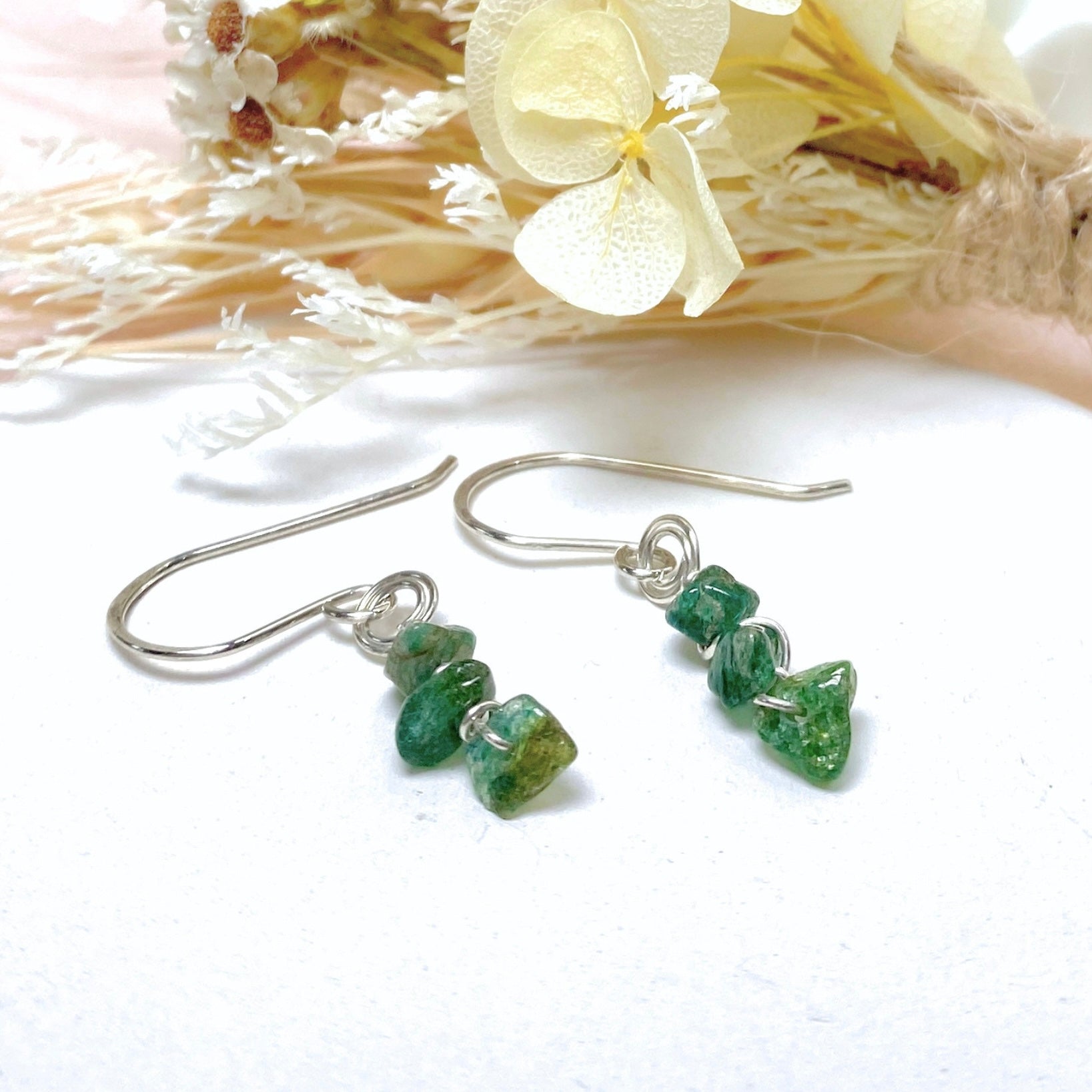 NEW! Natural green emerald beaded dangle earrings | Sterling silver | May birthstone gift