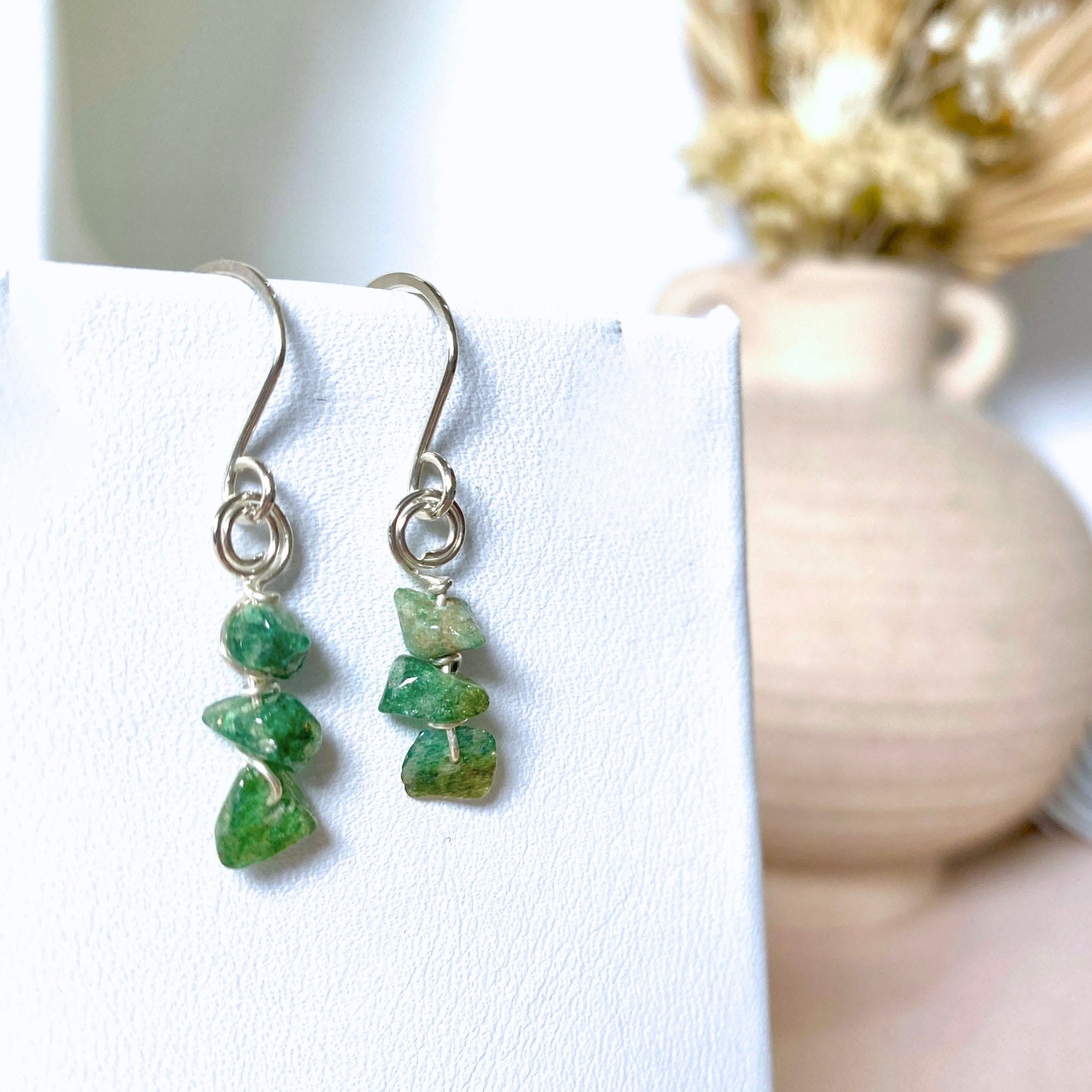 NEW! Natural green emerald beaded dangle earrings | Sterling silver | May birthstone gift