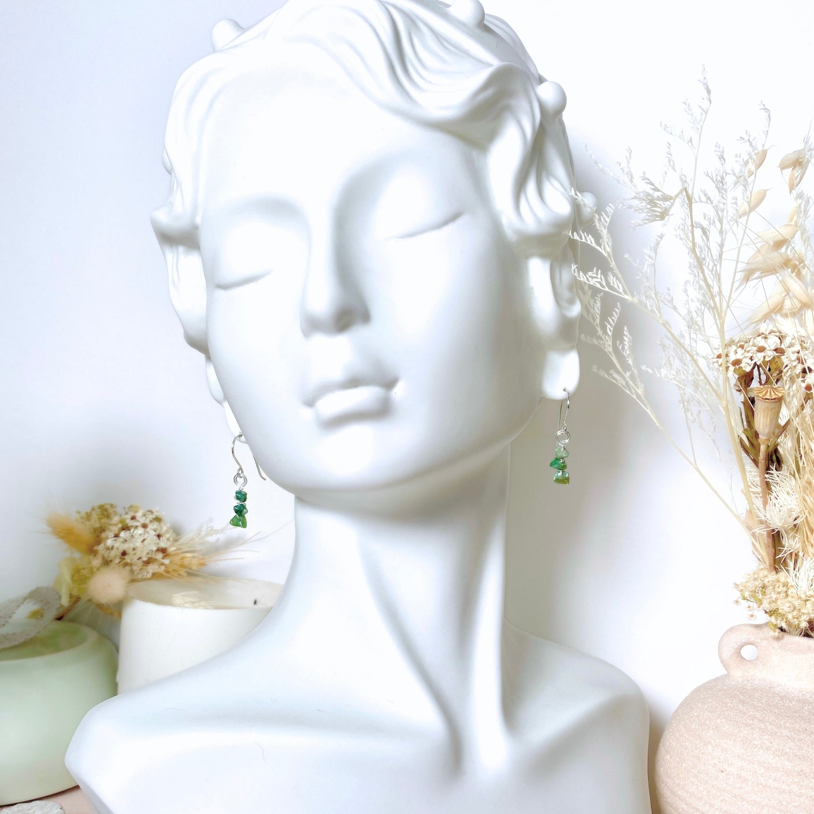 NEW Natural green emerald beaded dangle earrings | Sterling silver | May birthstone gift