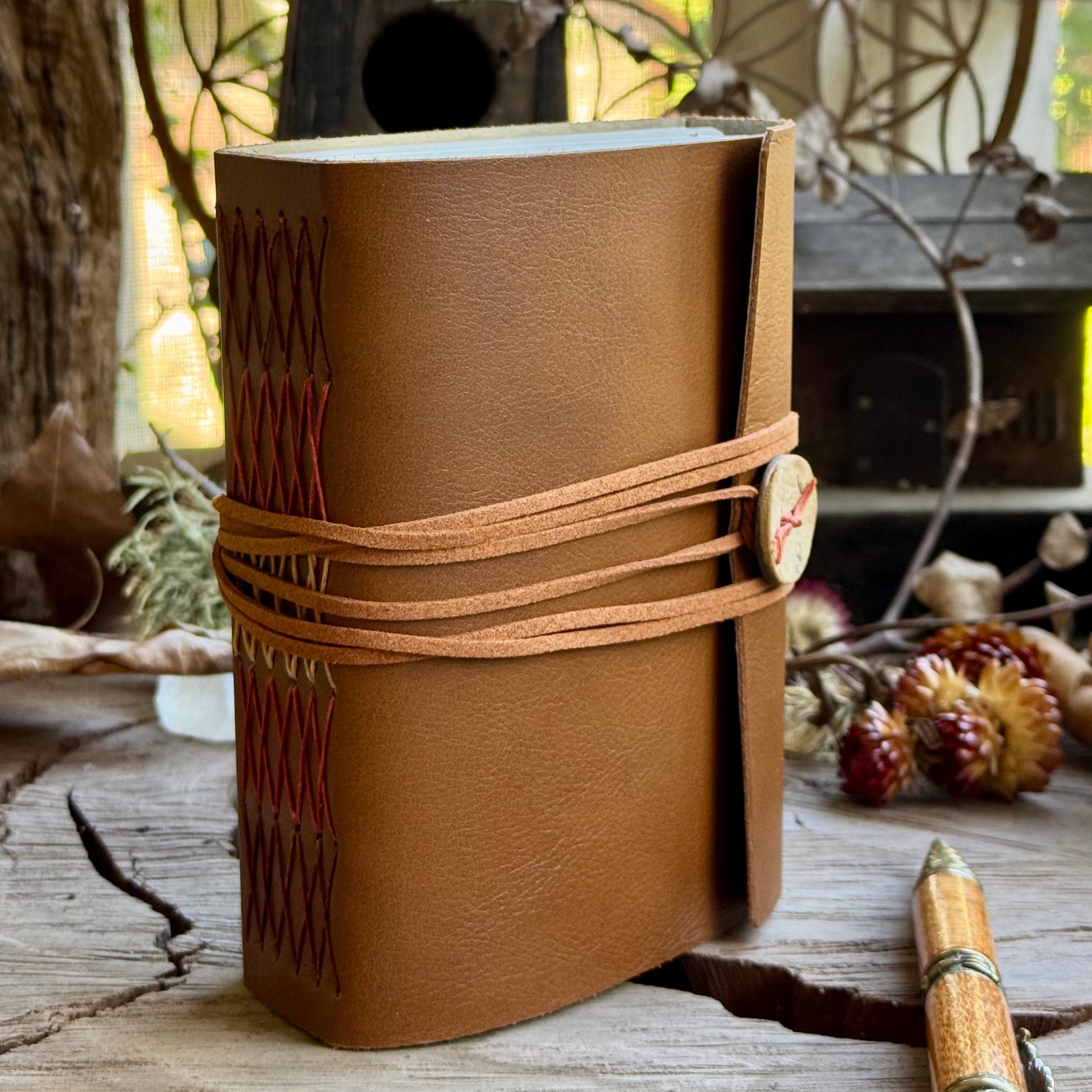 Warm Tan Cross-stitched Leather A6 Journal