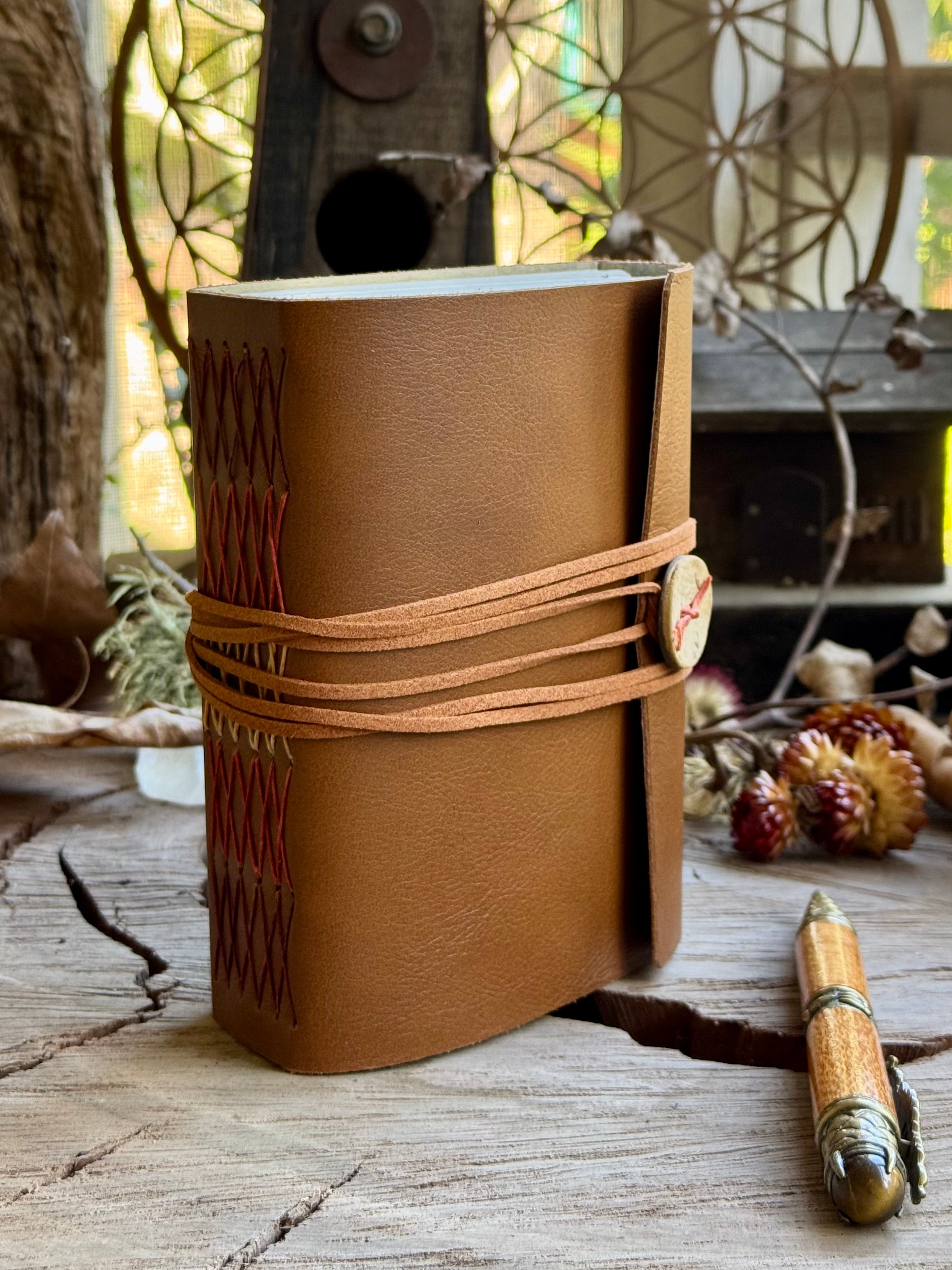 Warm Tan Cross-stitched Leather A6 Journal